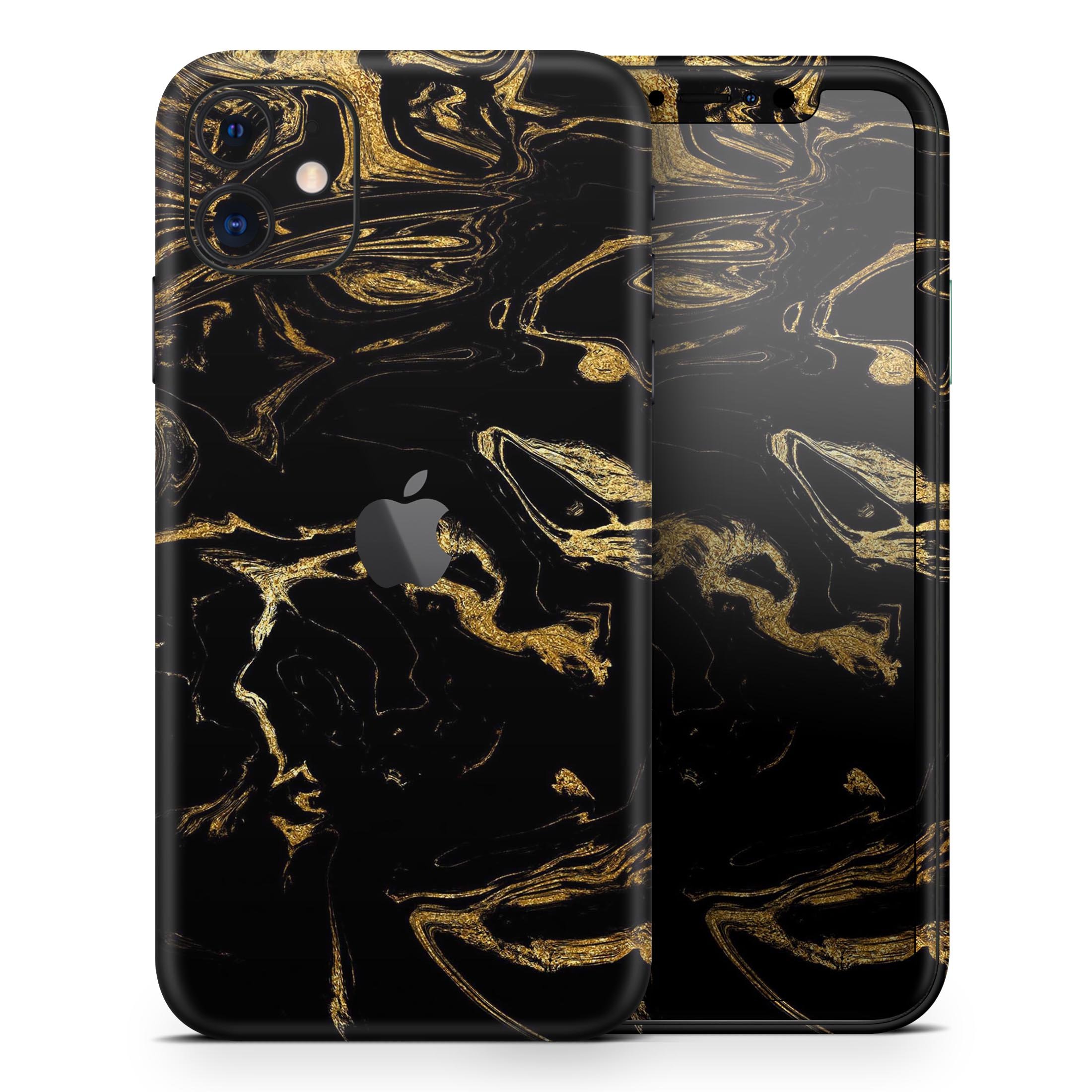 Black and gold marble swirl skin for Apple iPhone, showcasing a stylish design that enhances device appearance.