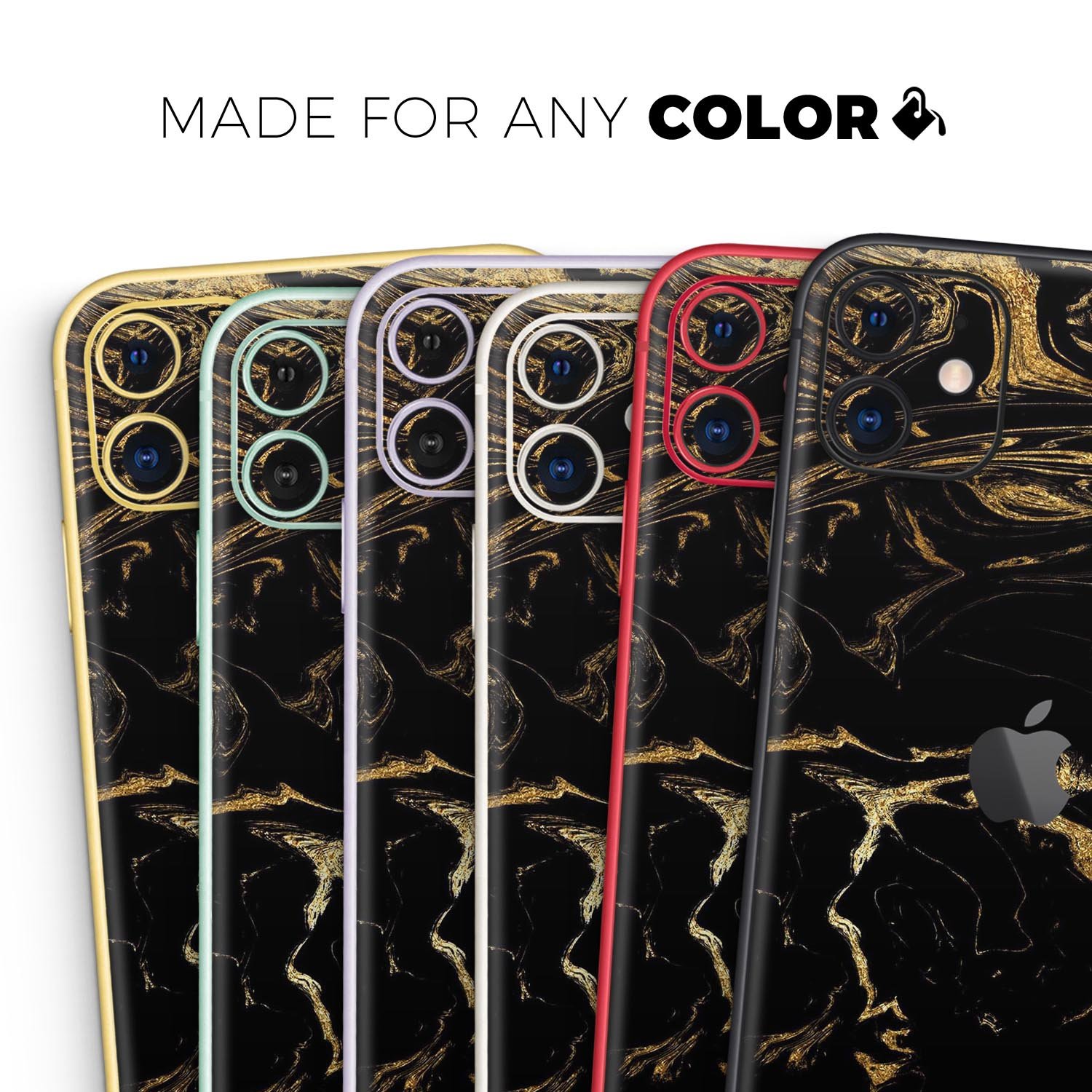 Black and gold marble swirl skin for Apple iPhone, showcasing a stylish design that enhances device appearance.