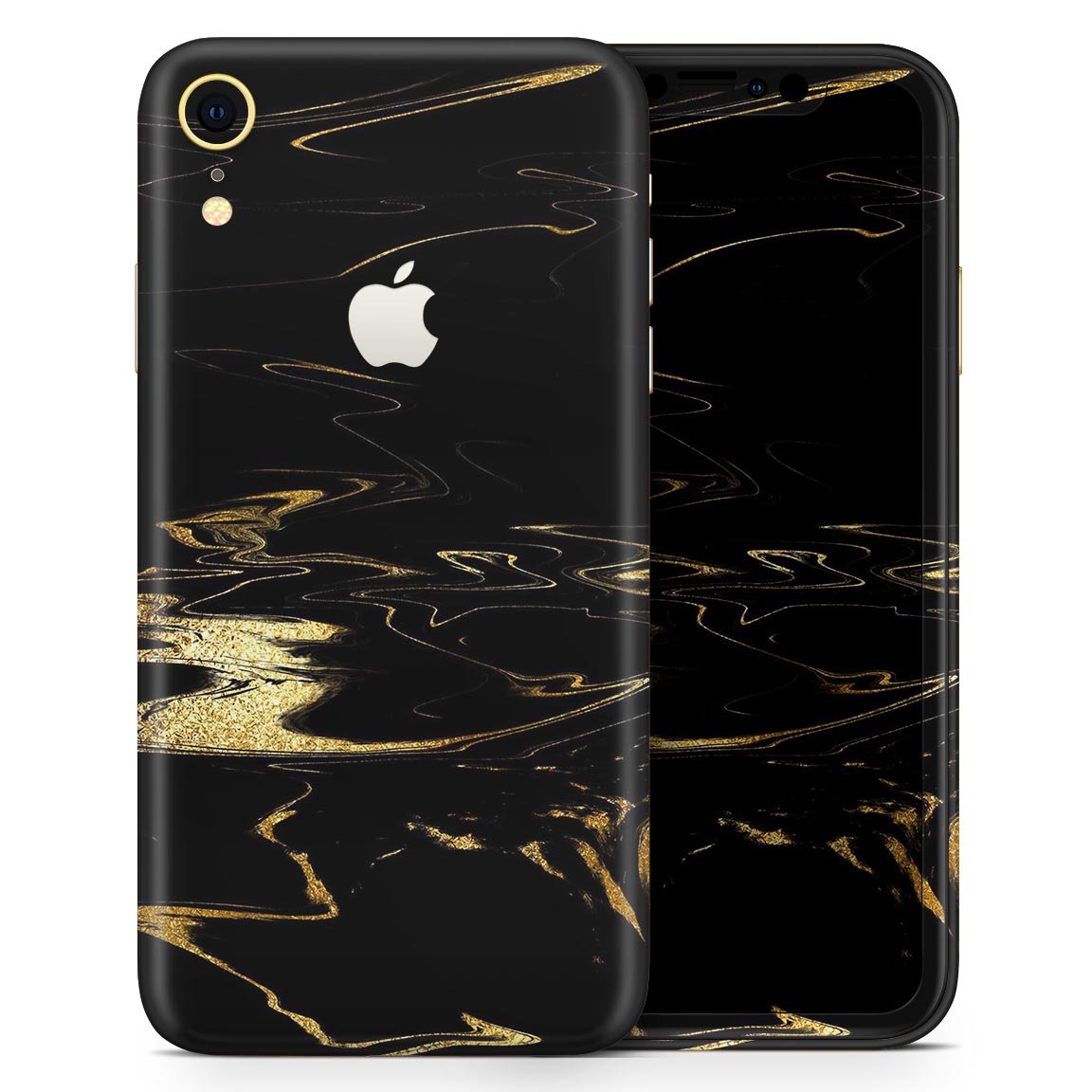 Black & Gold Marble Swirl V9 Skin-Kit for Apple iPhone XR and XS, showcasing a stylish design with a premium vinyl finish.