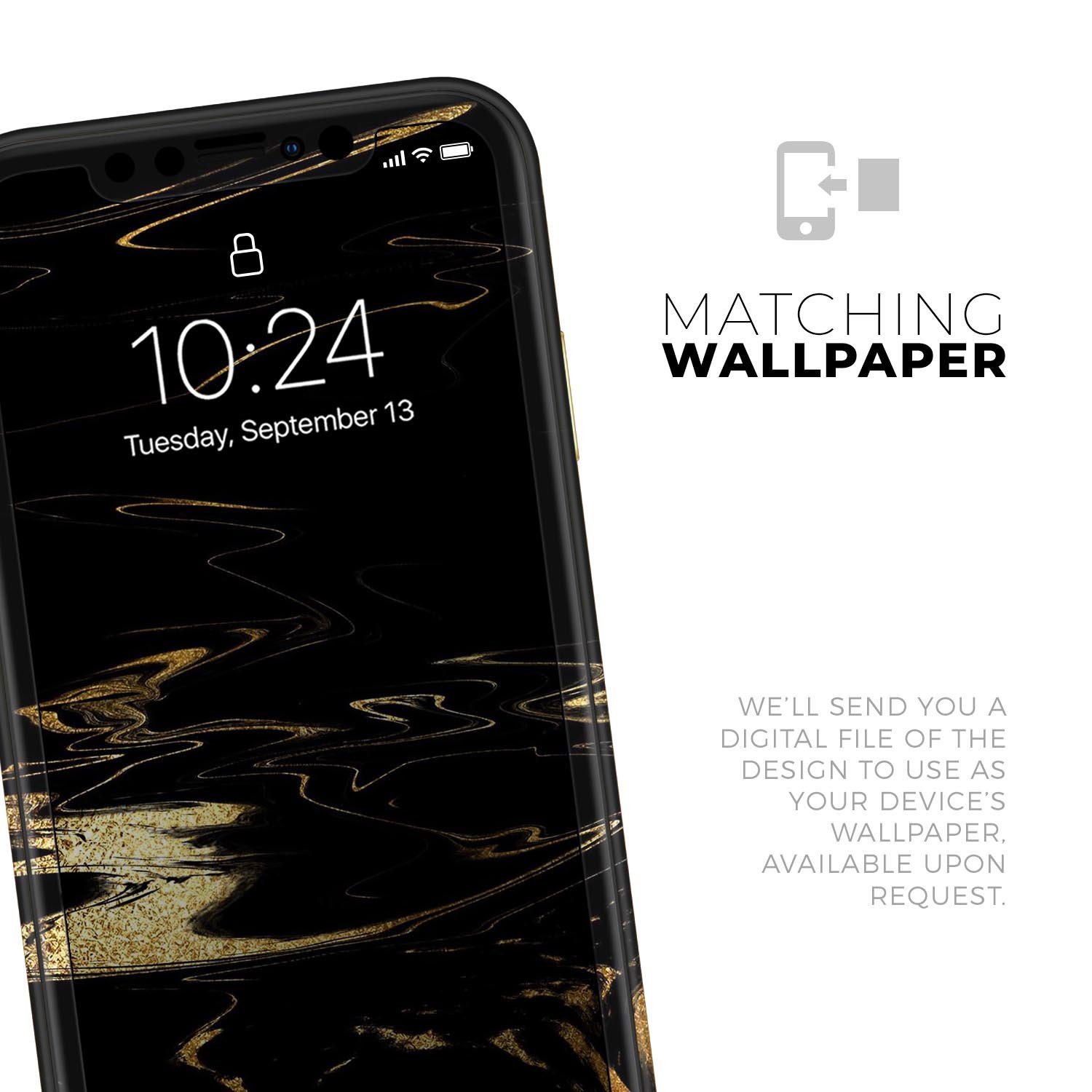 Black & Gold Marble Swirl V9 Skin-Kit for Apple iPhone XR and XS, showcasing a stylish design with a premium vinyl finish.