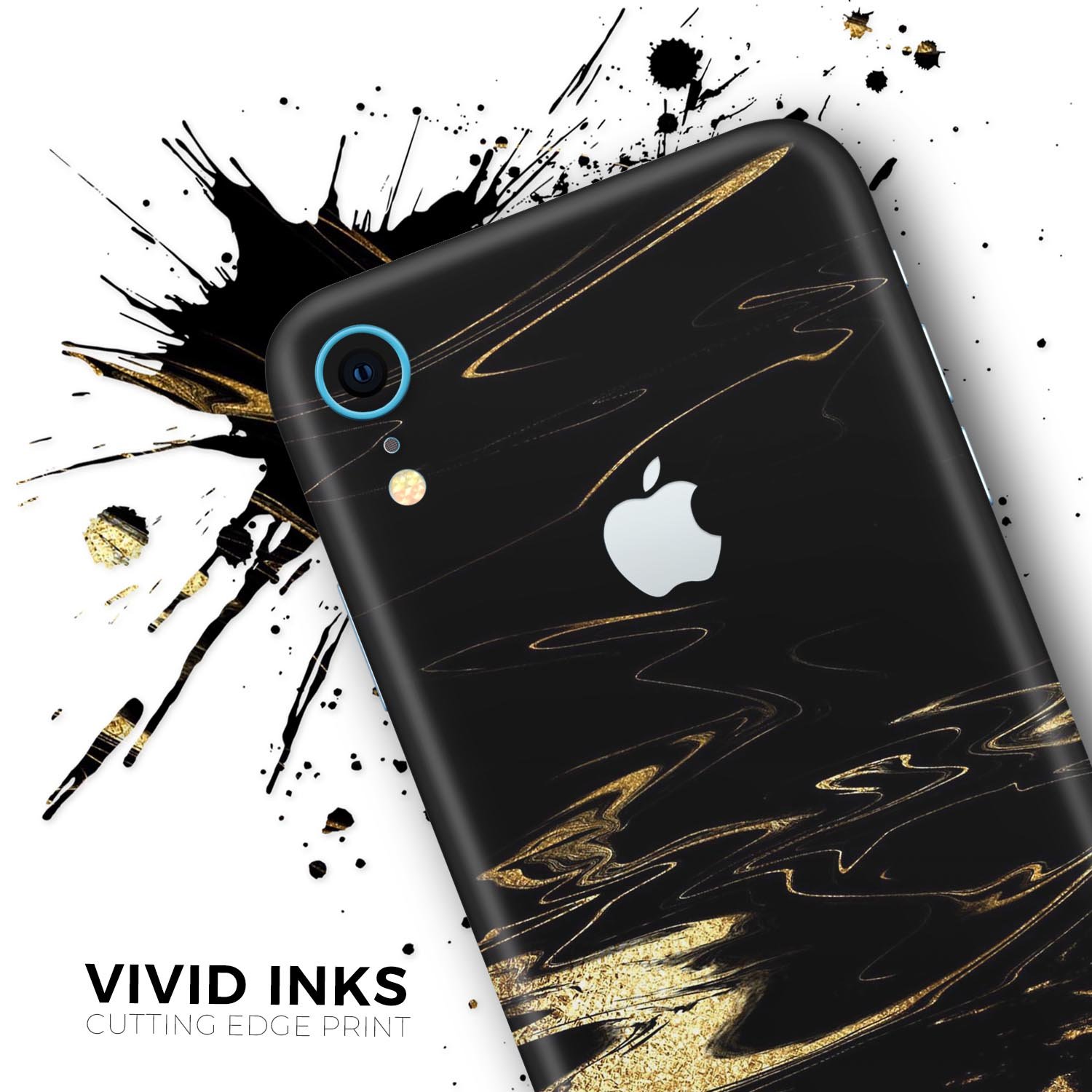 Black & Gold Marble Swirl V9 Skin-Kit for Apple iPhone XR and XS, showcasing a stylish design with a premium vinyl finish.