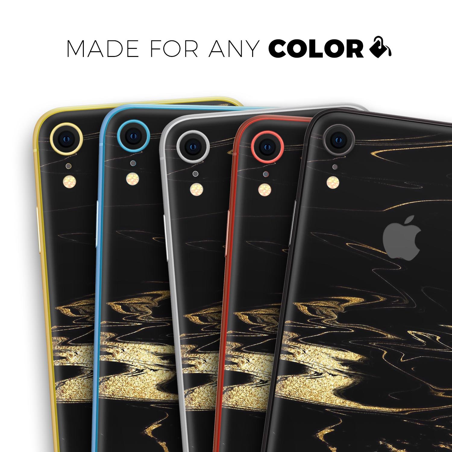 Black & Gold Marble Swirl V9 Skin-Kit for Apple iPhone XR and XS, showcasing a stylish design with a premium vinyl finish.