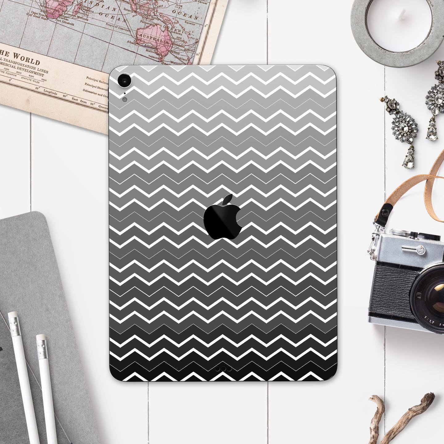 Black Gradient Layered Chevron skin decal for Apple devices, showcasing a sleek design and premium quality materials.