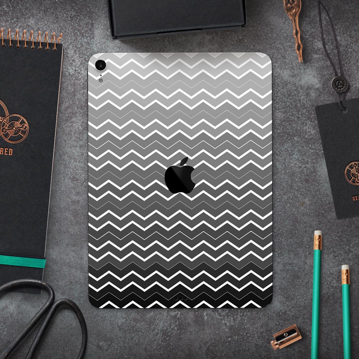 Black Gradient Layered Chevron skin decal for Apple devices, showcasing a sleek design and premium quality materials.