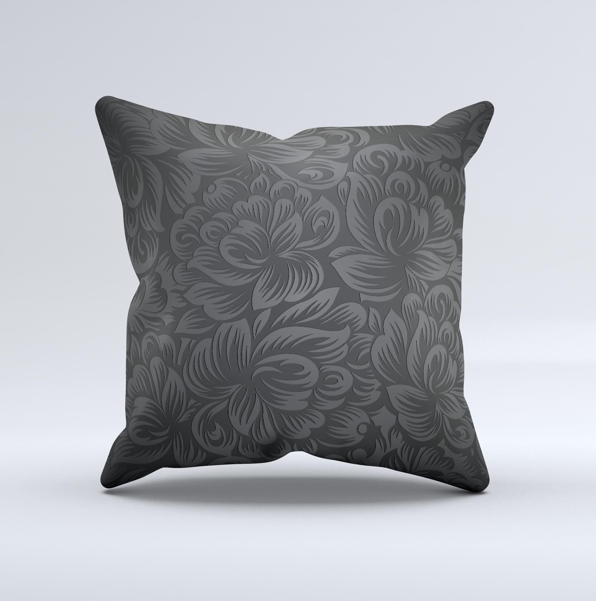 Black and gray decorative throw pillow featuring dark lace floral design, handcrafted in Virginia with high thread count fabric.