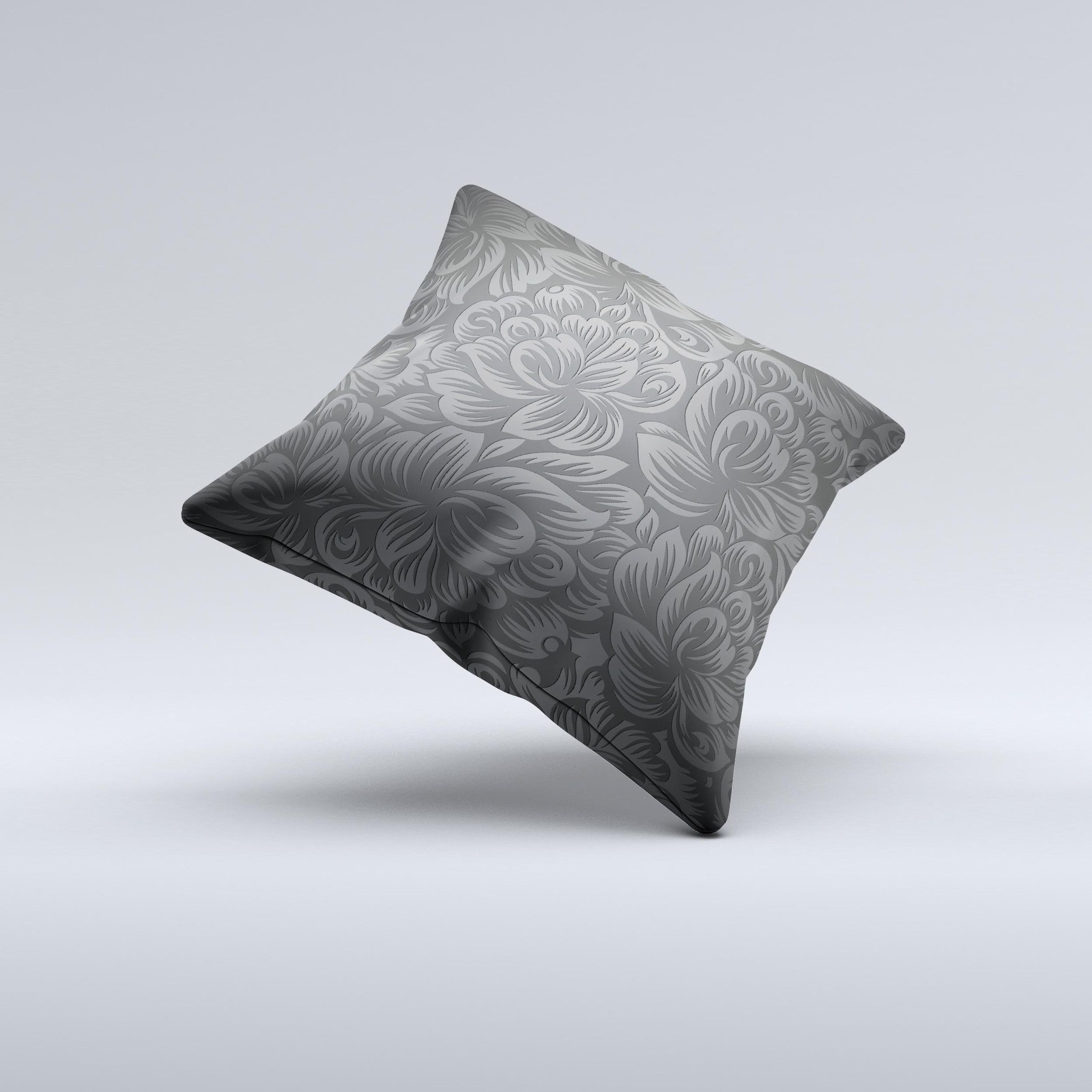 Black and gray decorative throw pillow featuring dark lace floral design, handcrafted in Virginia with high thread count fabric.