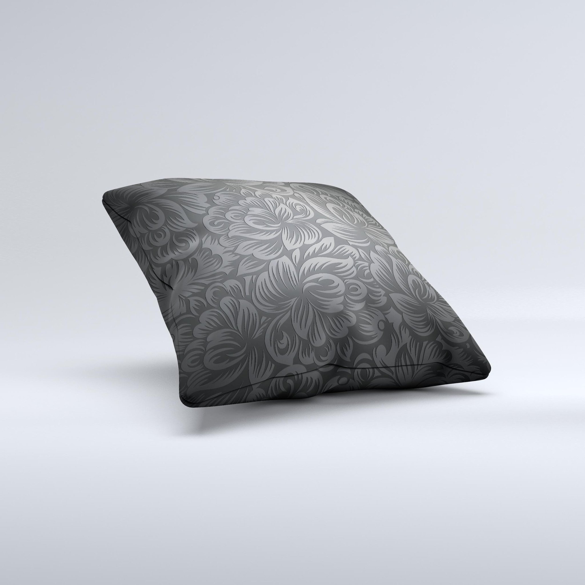 Black and gray decorative throw pillow featuring dark lace floral design, handcrafted in Virginia with high thread count fabric.