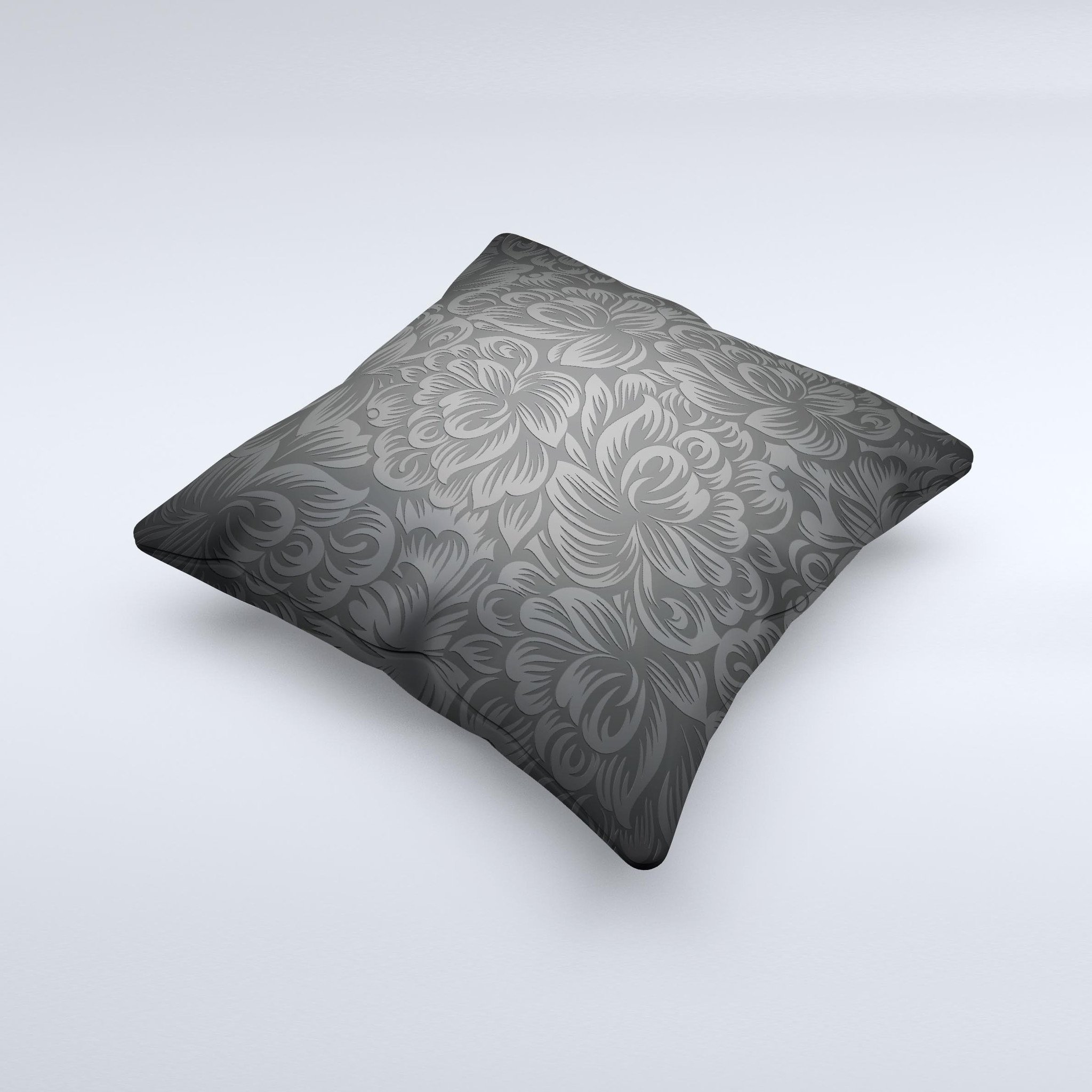 Black and gray decorative throw pillow featuring dark lace floral design, handcrafted in Virginia with high thread count fabric.