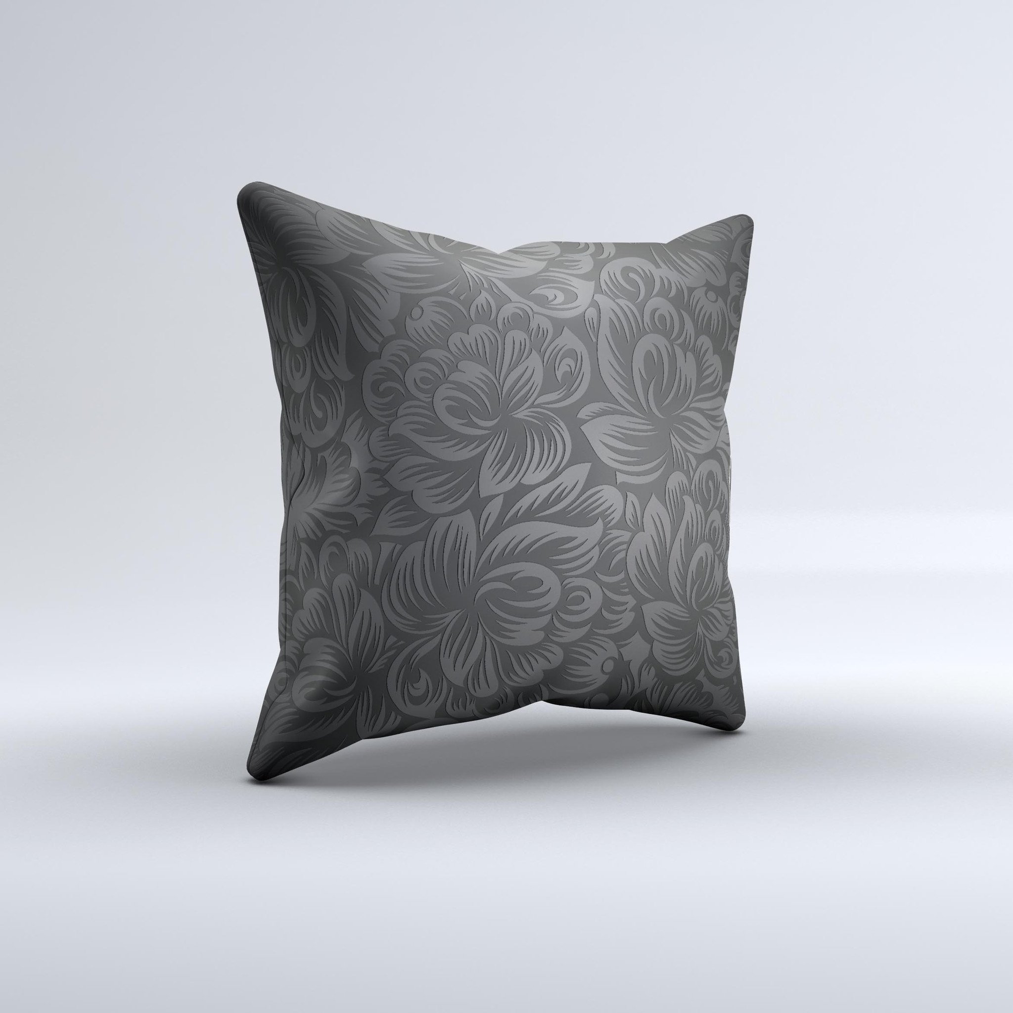 Black and gray decorative throw pillow featuring dark lace floral design, handcrafted in Virginia with high thread count fabric.