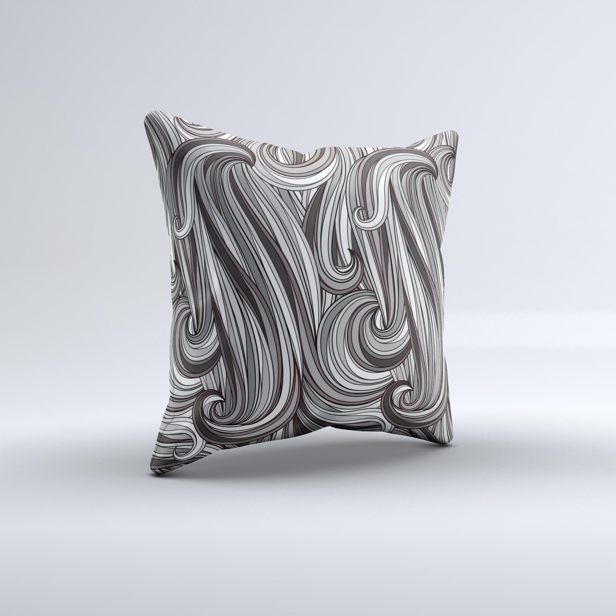 Black and gray decorative throw pillow with a unique monochrome pattern, handcrafted in Virginia, showcasing high-quality fabric and filling.