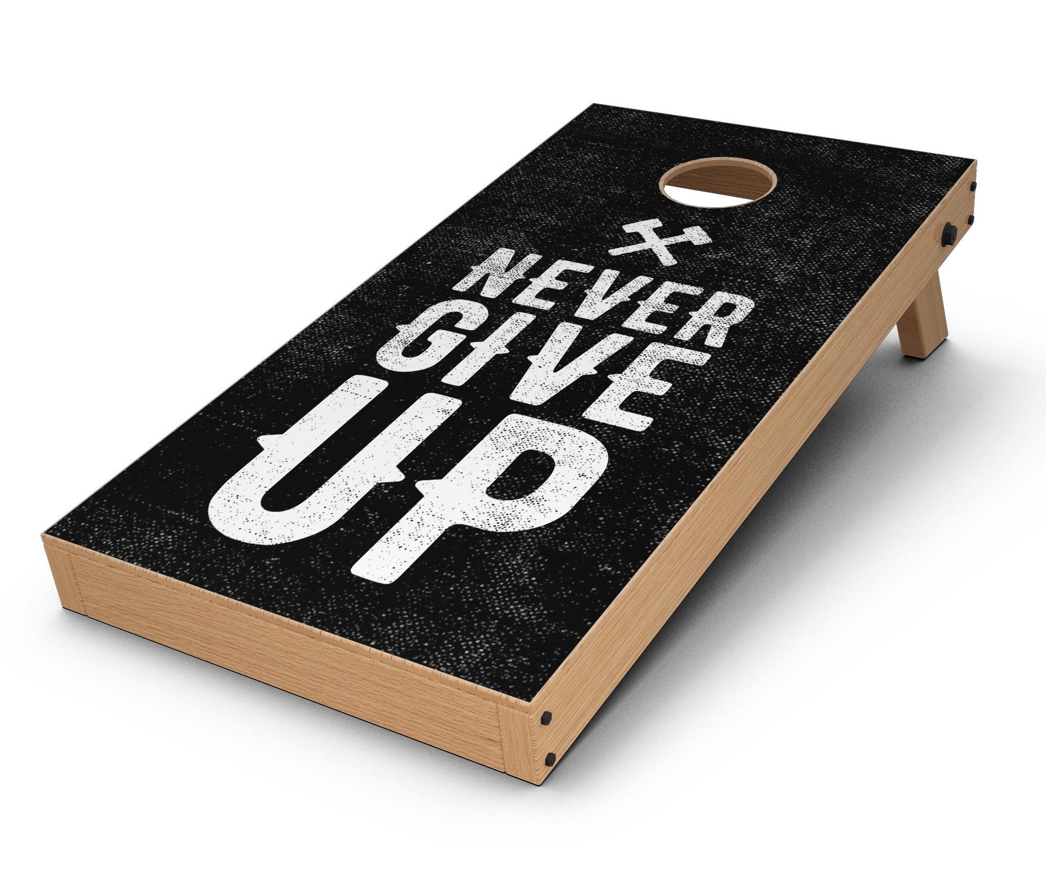 Black Hammered Never Give Up Cornhole Board Skin Decal Kit showcasing premium vinyl design for board customization.