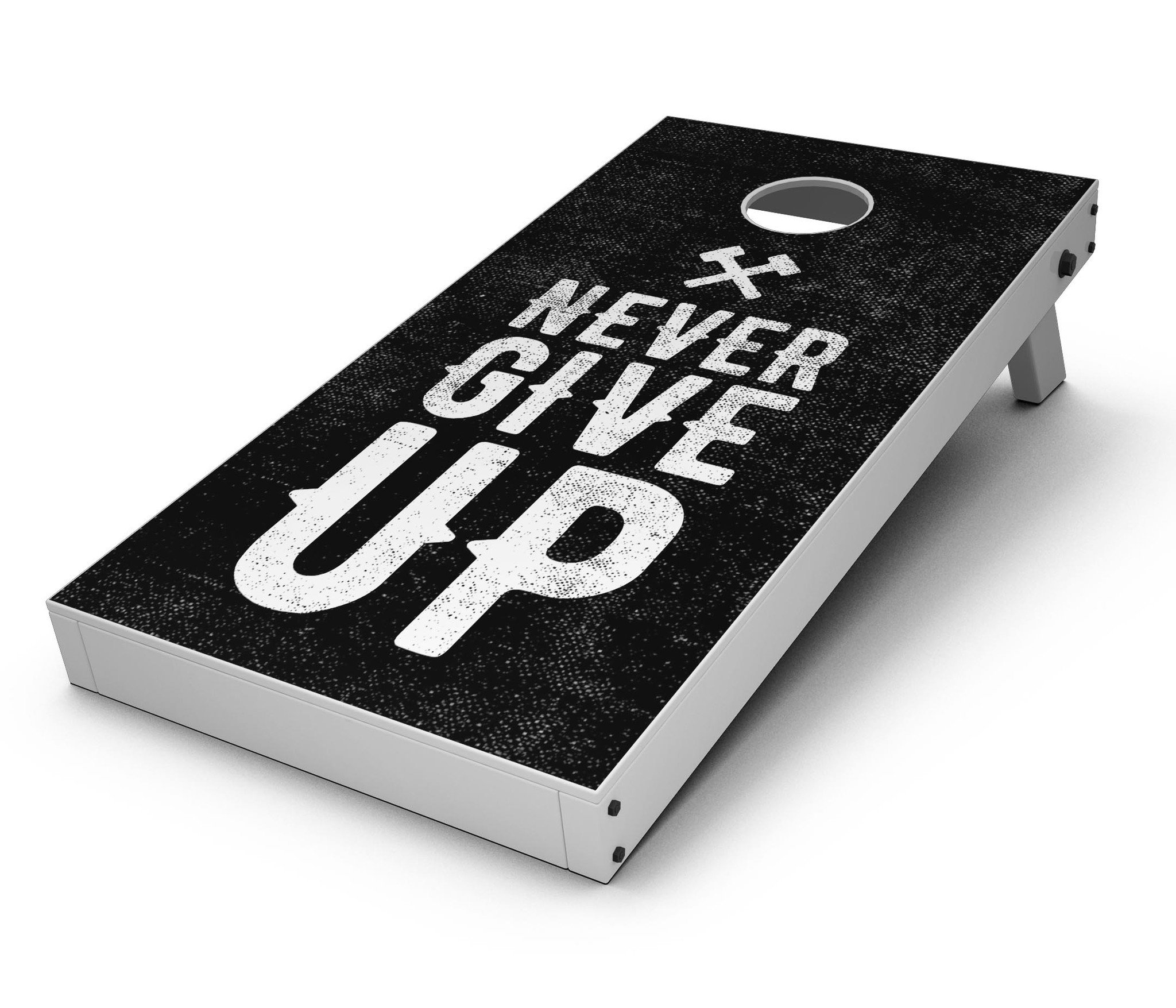 Black Hammered Never Give Up Cornhole Board Skin Decal Kit showcasing premium vinyl design for board customization.