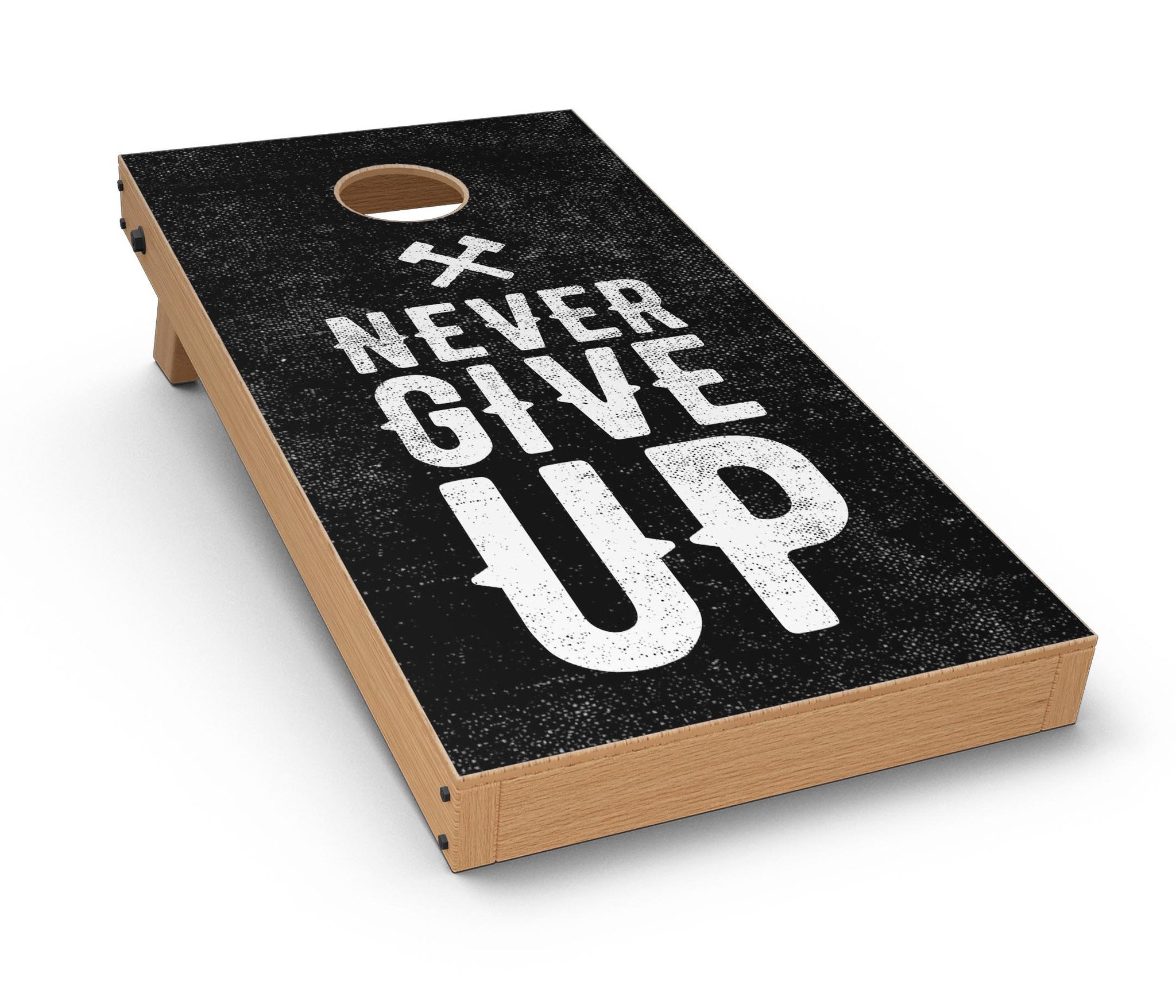 Black Hammered Never Give Up Cornhole Board Skin Decal Kit showcasing premium vinyl design for board customization.