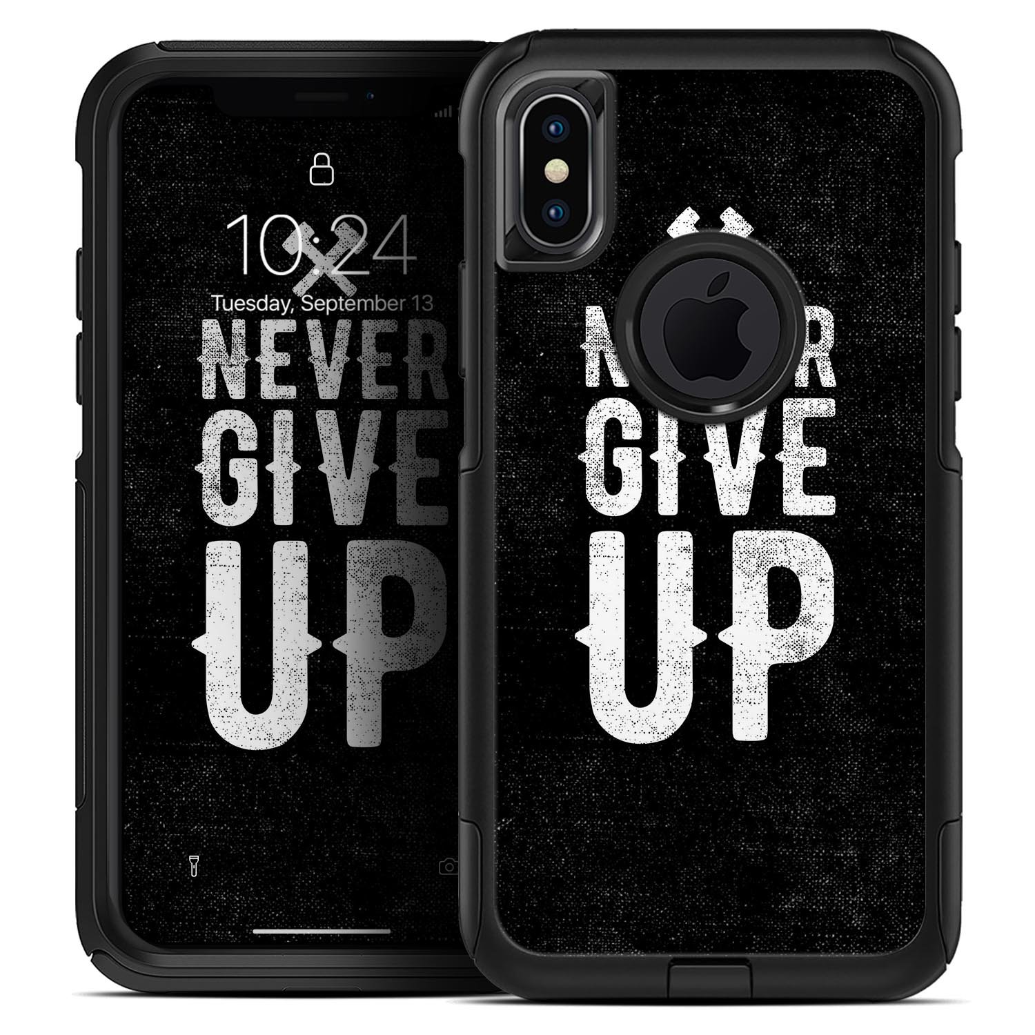 Black Hammered Never Give Up Skin Kit for iPhone, designed for OtterBox cases, showcasing a sleek and modern design.