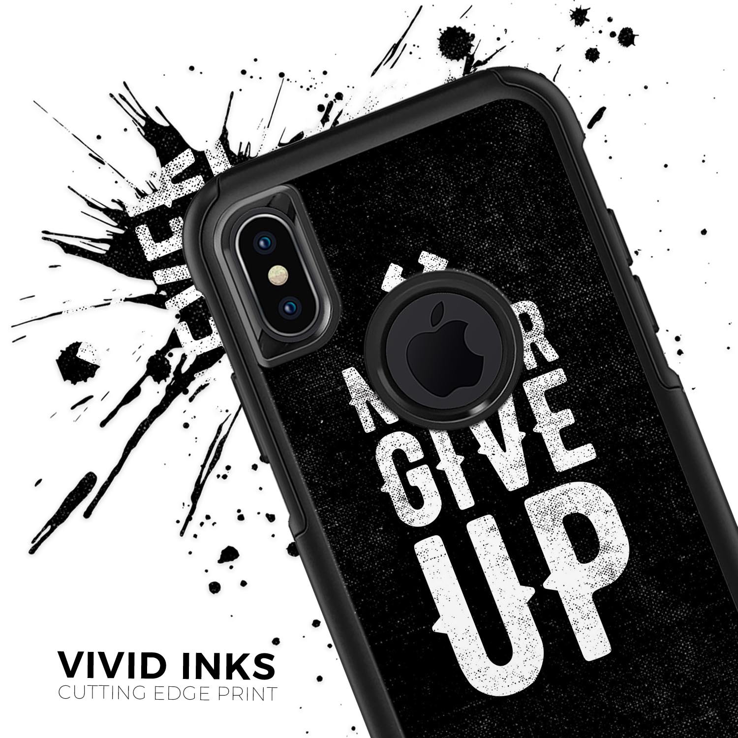 Black Hammered Never Give Up Skin Kit for iPhone, designed for OtterBox cases, showcasing a sleek and modern design.