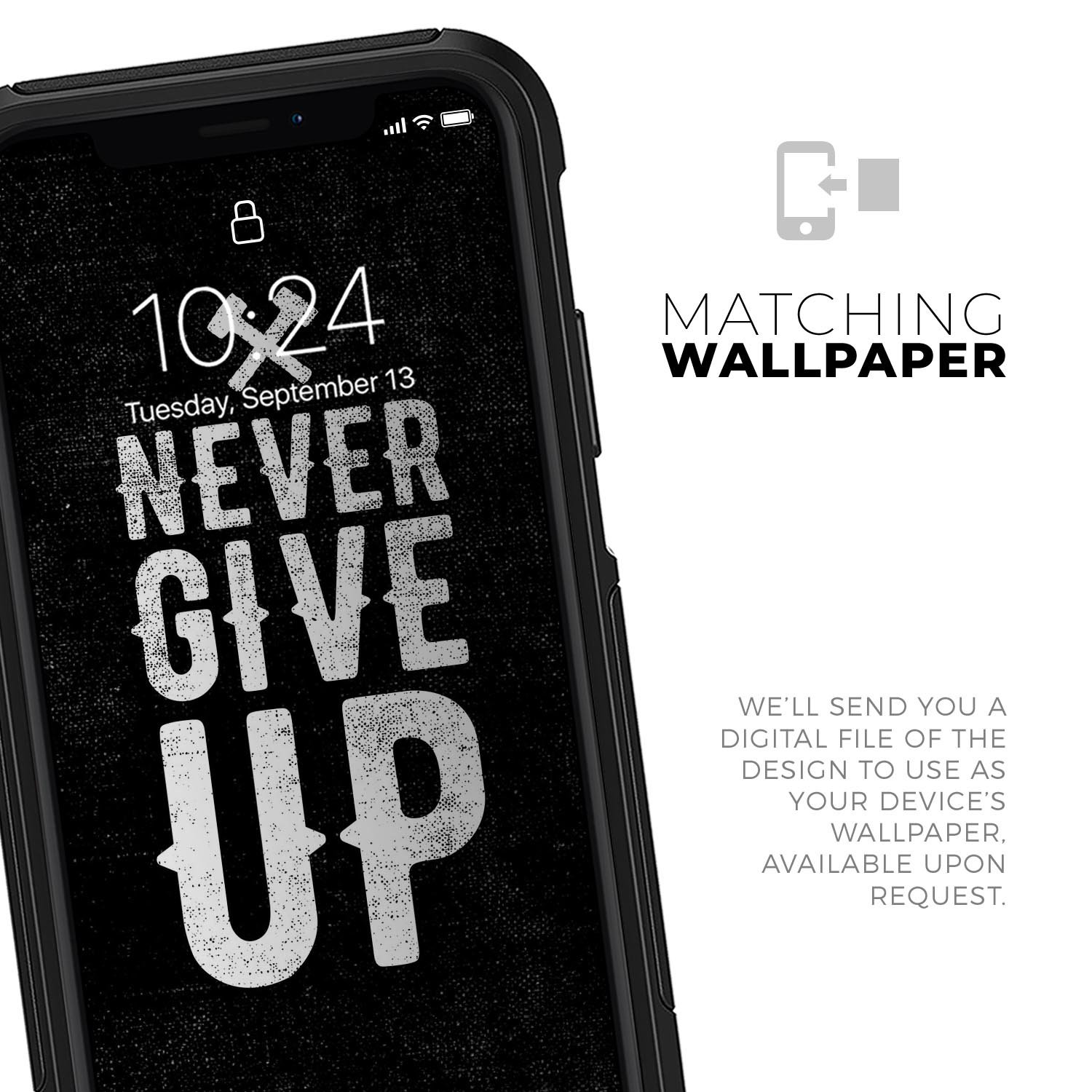 Black Hammered Never Give Up Skin Kit for iPhone, designed for OtterBox cases, showcasing a sleek and modern design.