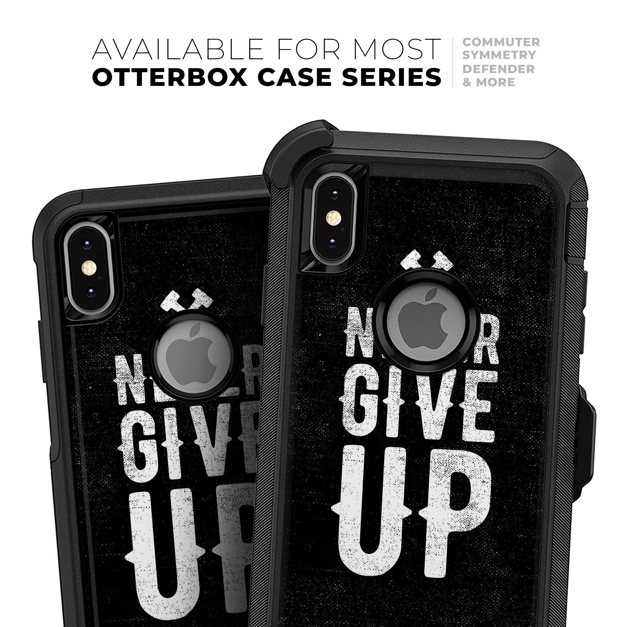 Black Hammered Never Give Up Skin Kit for iPhone, designed for OtterBox cases, showcasing a sleek and modern design.