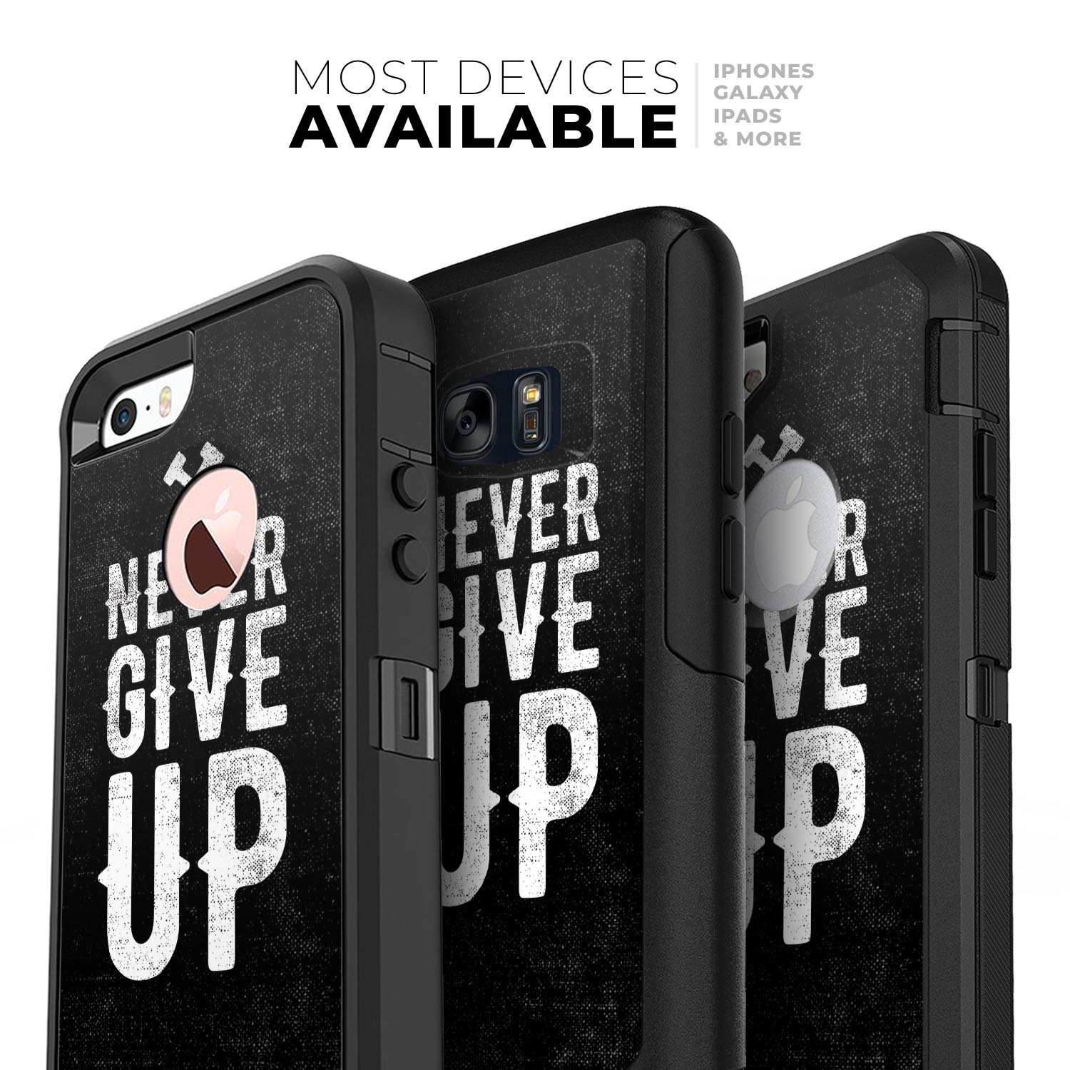 Black Hammered Never Give Up Skin Kit for iPhone, designed for OtterBox cases, showcasing a sleek and modern design.