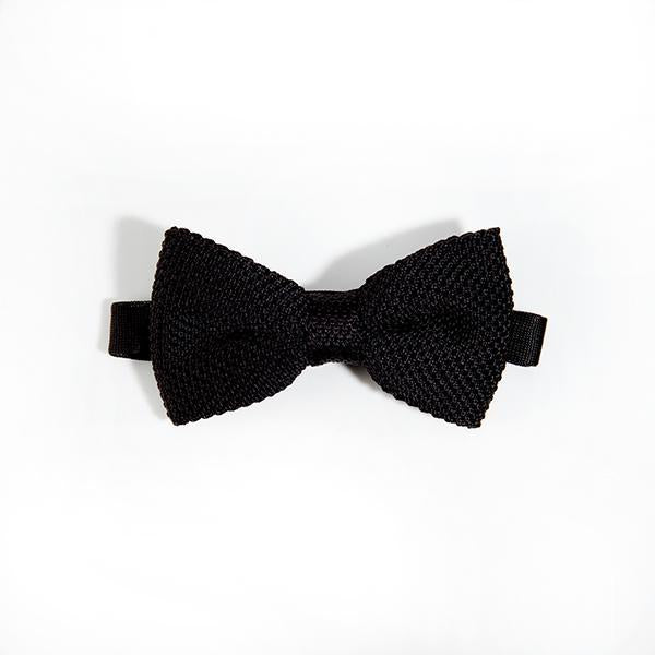 A stylish black knitted bow tie made from polyester, featuring a textured design suitable for formal and casual wear.