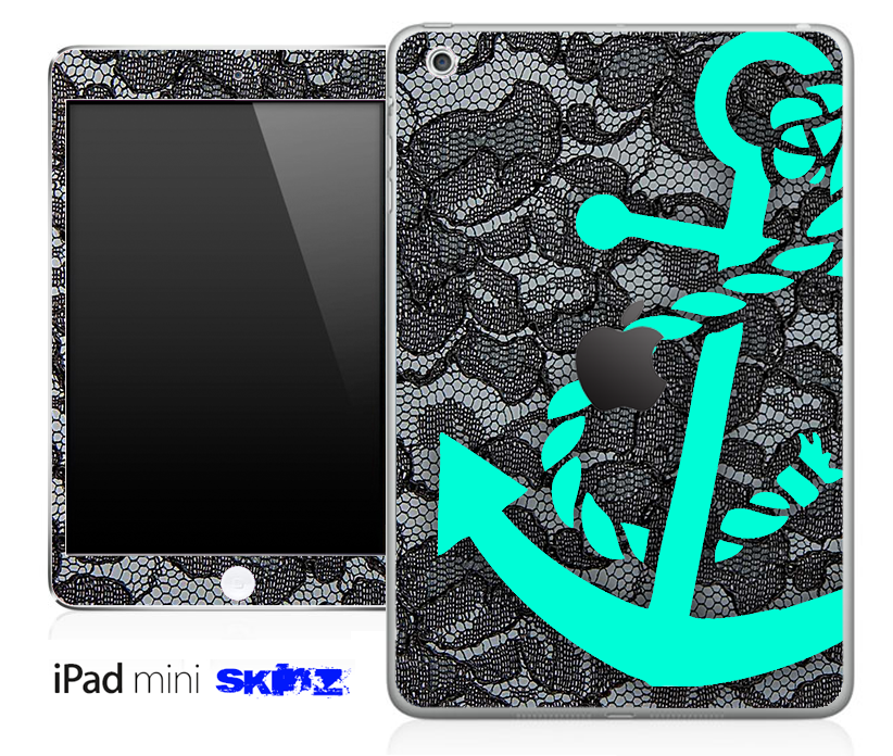 Black Laced and Trendy Green Anchor Skin for iPad Mini, showcasing a stylish design with high-quality vinyl finish.