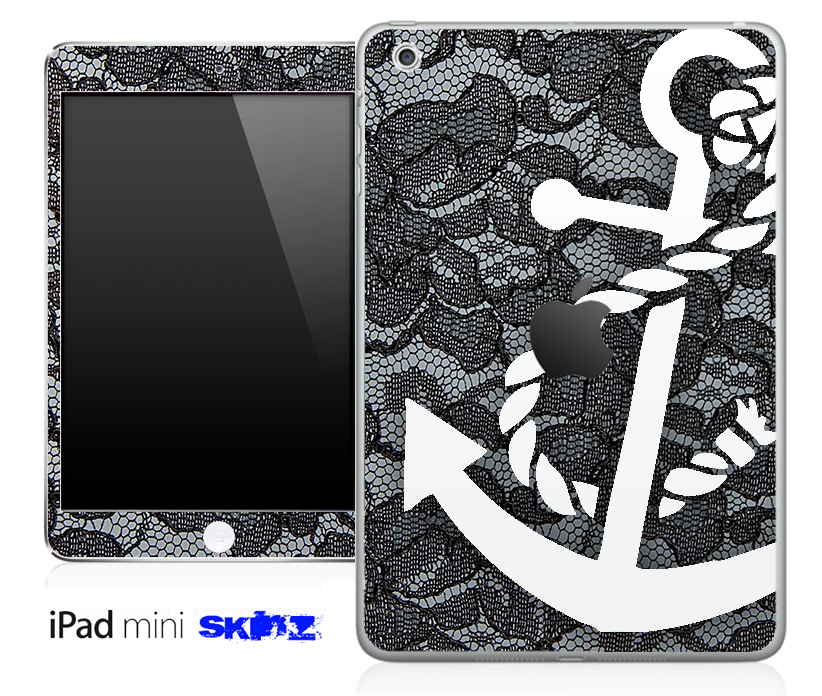 Black Laced and White Anchor Skin for iPad Mini, showcasing a stylish design that protects the device while maintaining its sleek profile.