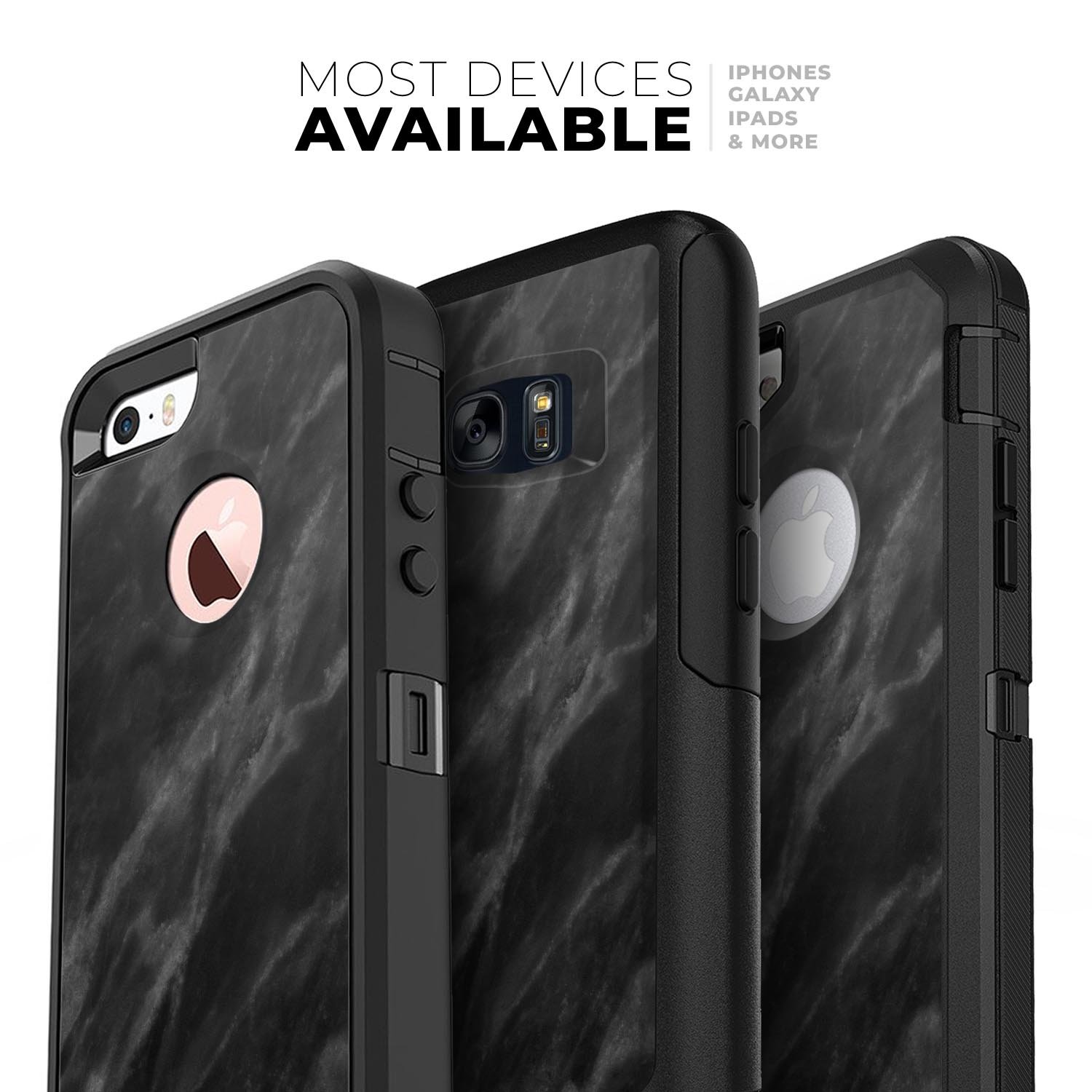 Black Marble Surface Skin Kit designed for iPhone OtterBox cases, showcasing a sleek marble design with a premium finish.