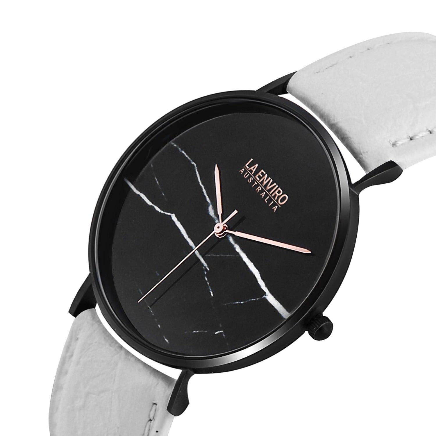 Elegant Black Marble Watch featuring a 40 MM dial and a white pineapple vegan leather strap, showcasing a modern and sustainable design.