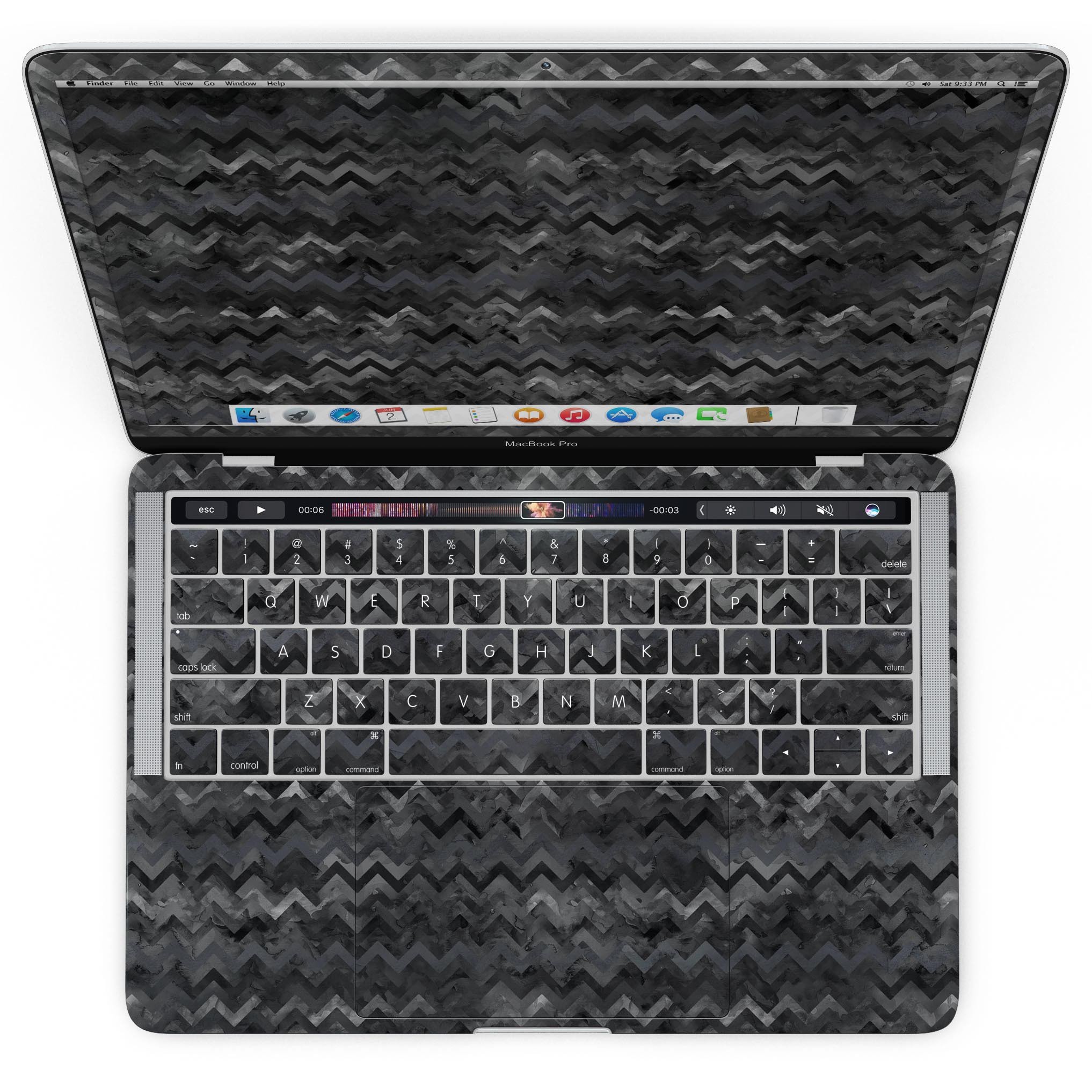 Black Multi Watercolor Chevron skin for MacBook Pro with Touch Bar, showcasing vibrant colors and a stylish chevron pattern.