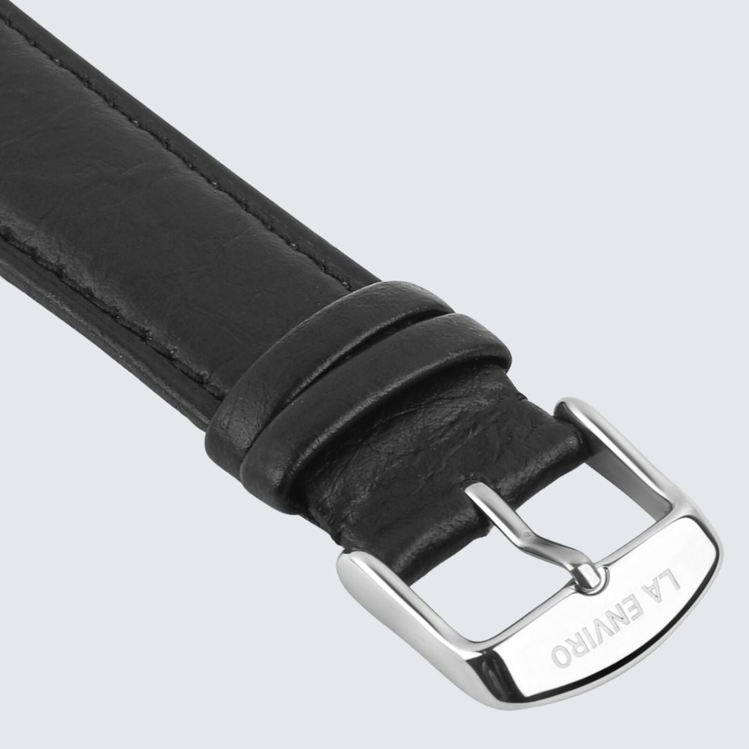 Black Pineapple Leather Watch Strap with stainless steel buckle, showcasing its eco-friendly design and quick release feature.