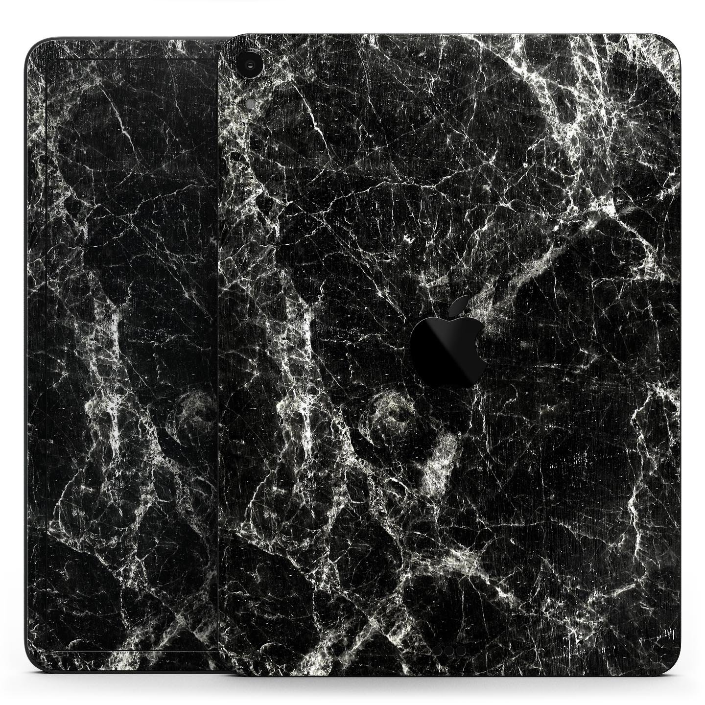 Black Scratched Marble Full Body Skin Decal for Apple iPad Pro, showcasing a stylish marble design with ultra-thin protection.