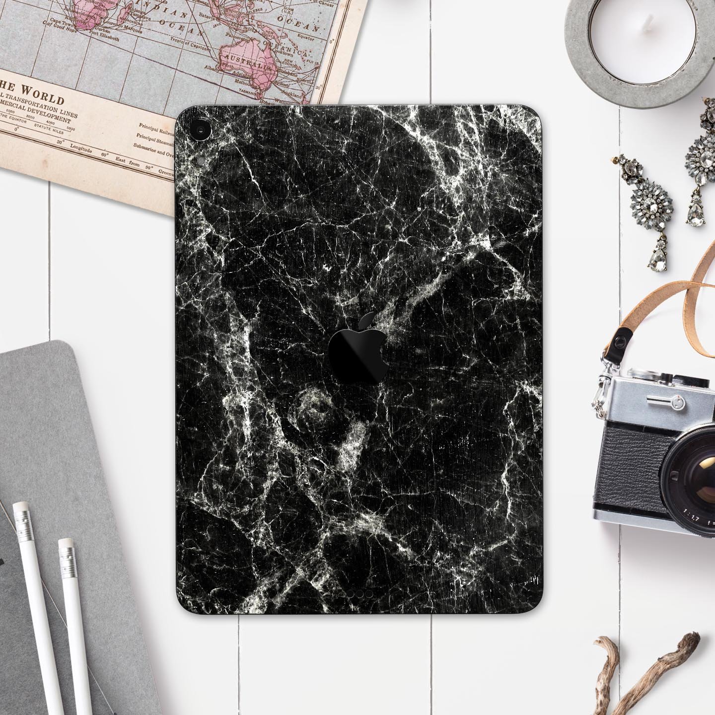 Black Scratched Marble Full Body Skin Decal for Apple iPad Pro, showcasing a stylish marble design with ultra-thin protection.