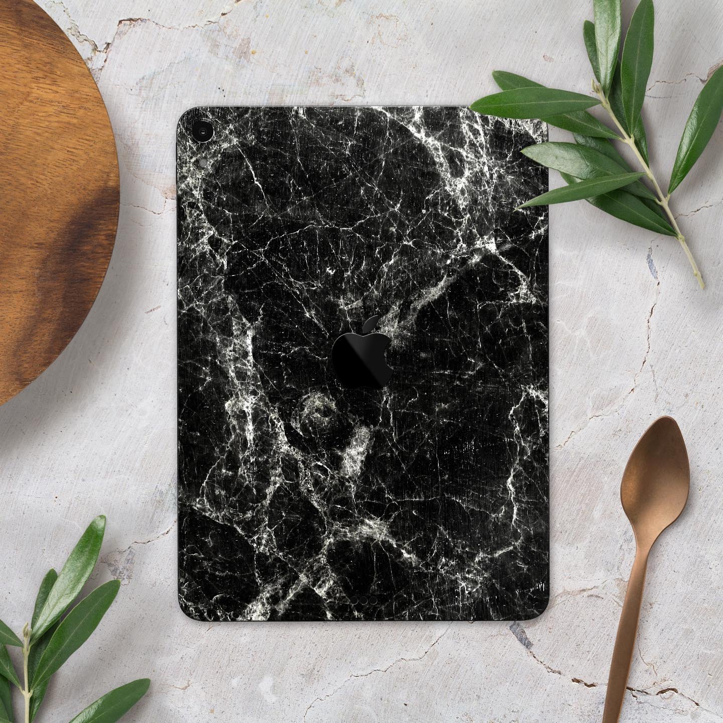 Black Scratched Marble Full Body Skin Decal for Apple iPad Pro, showcasing a stylish marble design with ultra-thin protection.