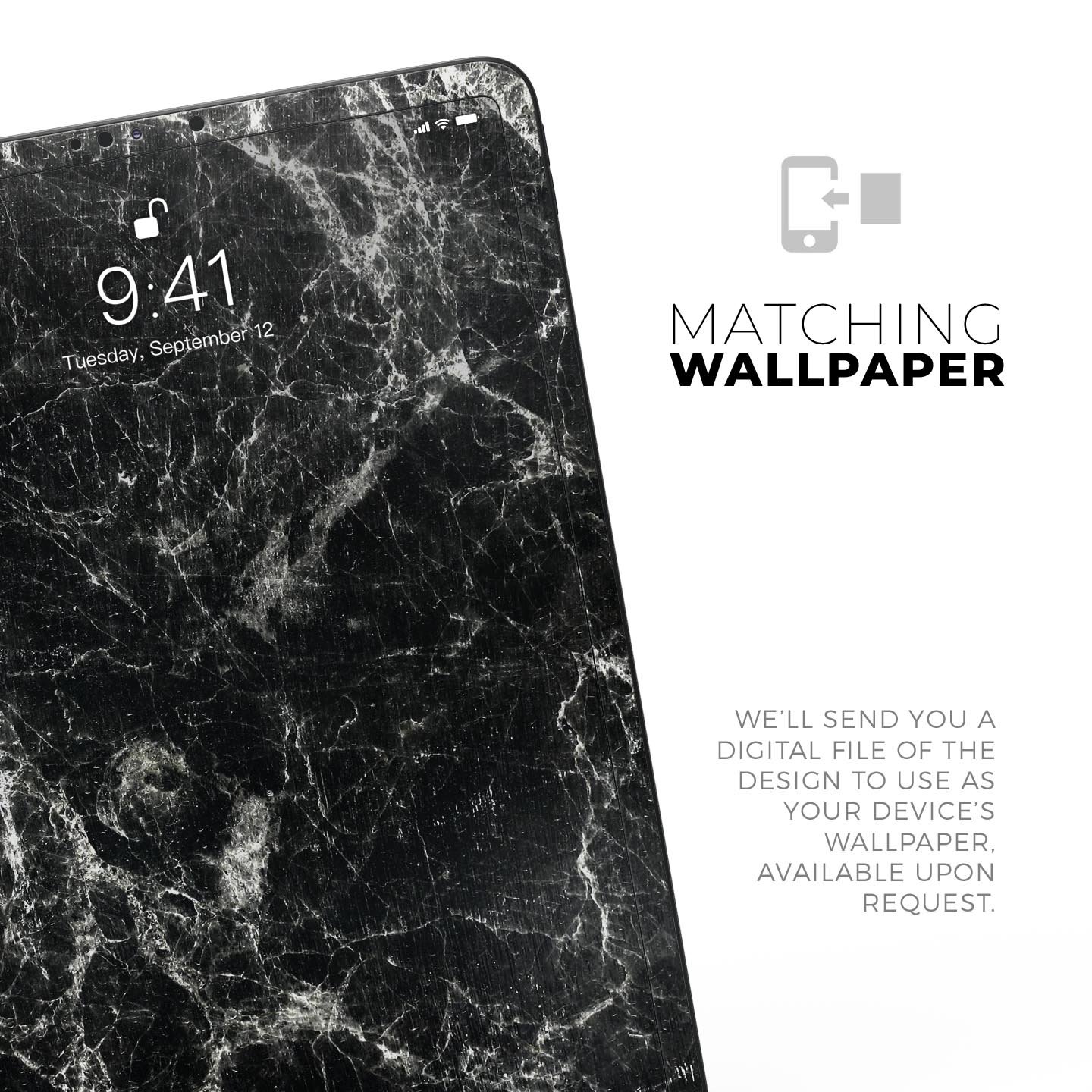 Black Scratched Marble Full Body Skin Decal for Apple iPad Pro, showcasing a stylish marble design with ultra-thin protection.