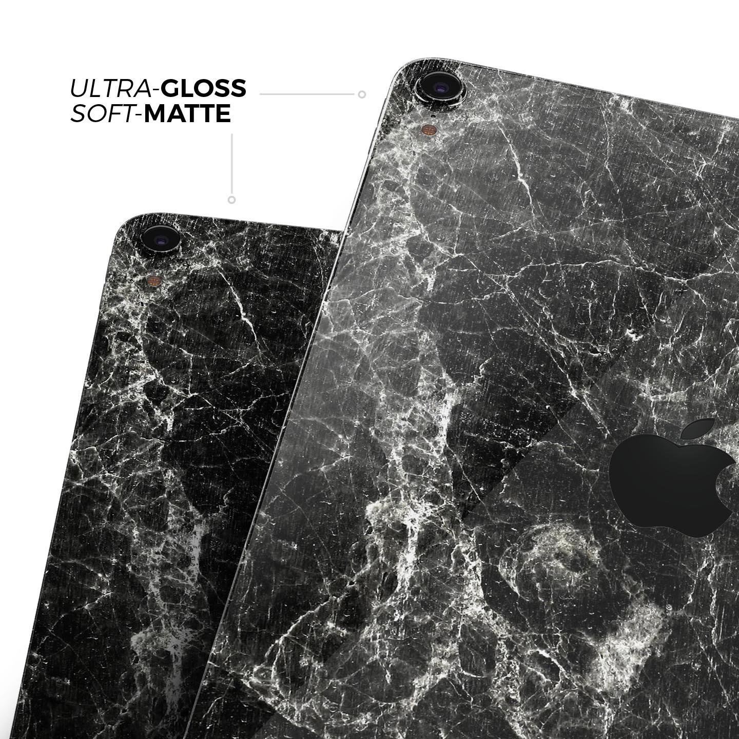 Black Scratched Marble Full Body Skin Decal for Apple iPad Pro, showcasing a stylish marble design with ultra-thin protection.