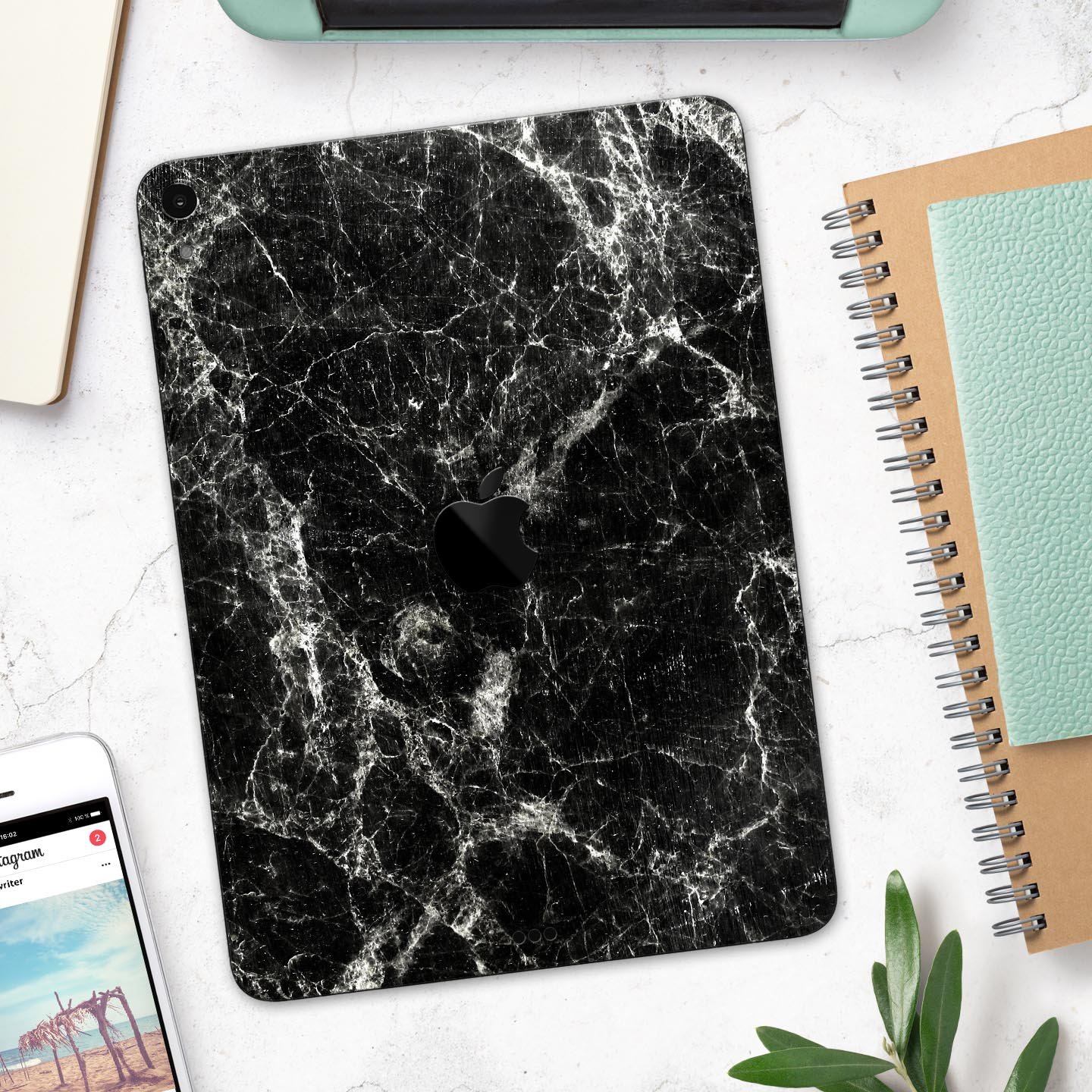 Black Scratched Marble Full Body Skin Decal for Apple iPad Pro, showcasing a stylish marble design with ultra-thin protection.