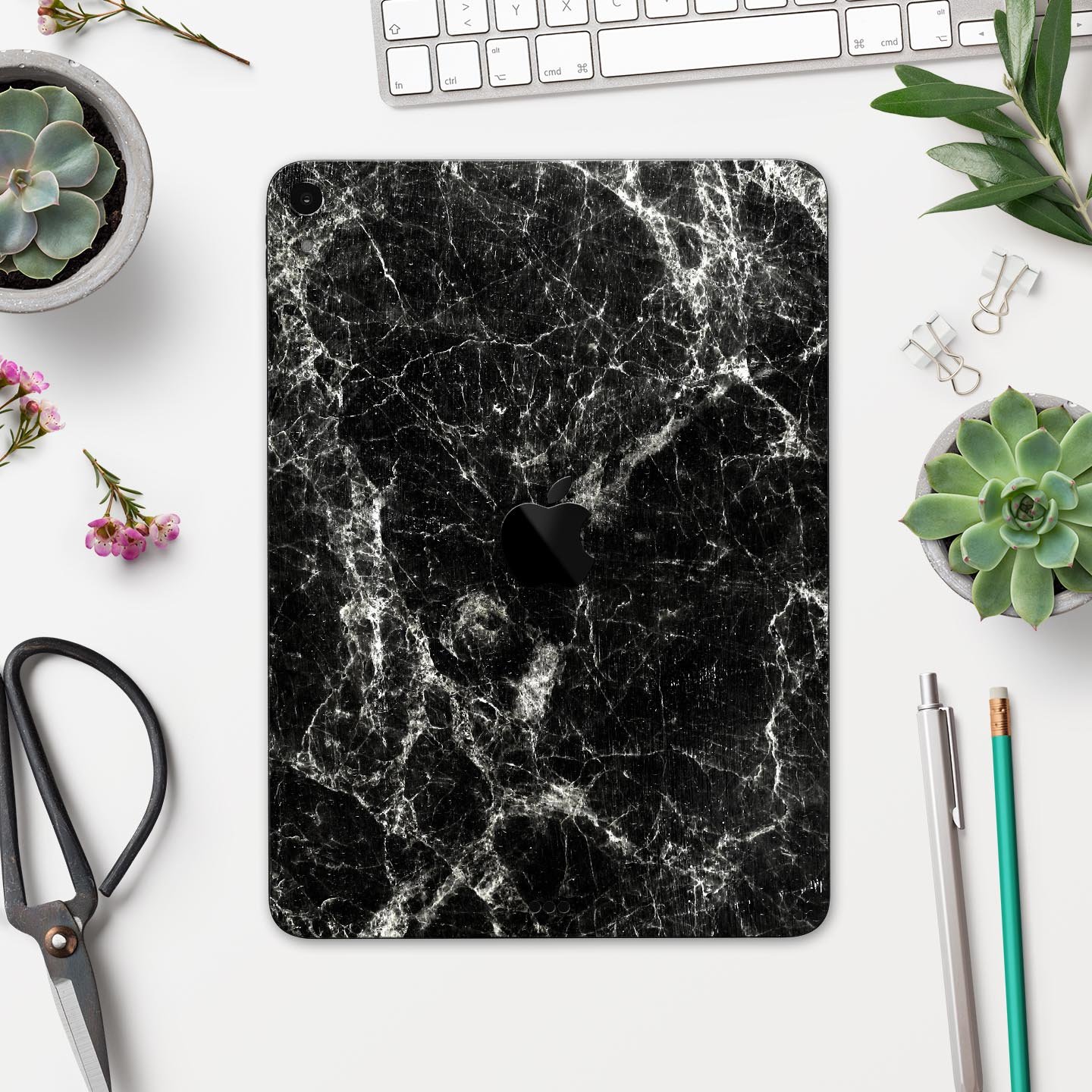 Black Scratched Marble Full Body Skin Decal for Apple iPad Pro, showcasing a stylish marble design with ultra-thin protection.