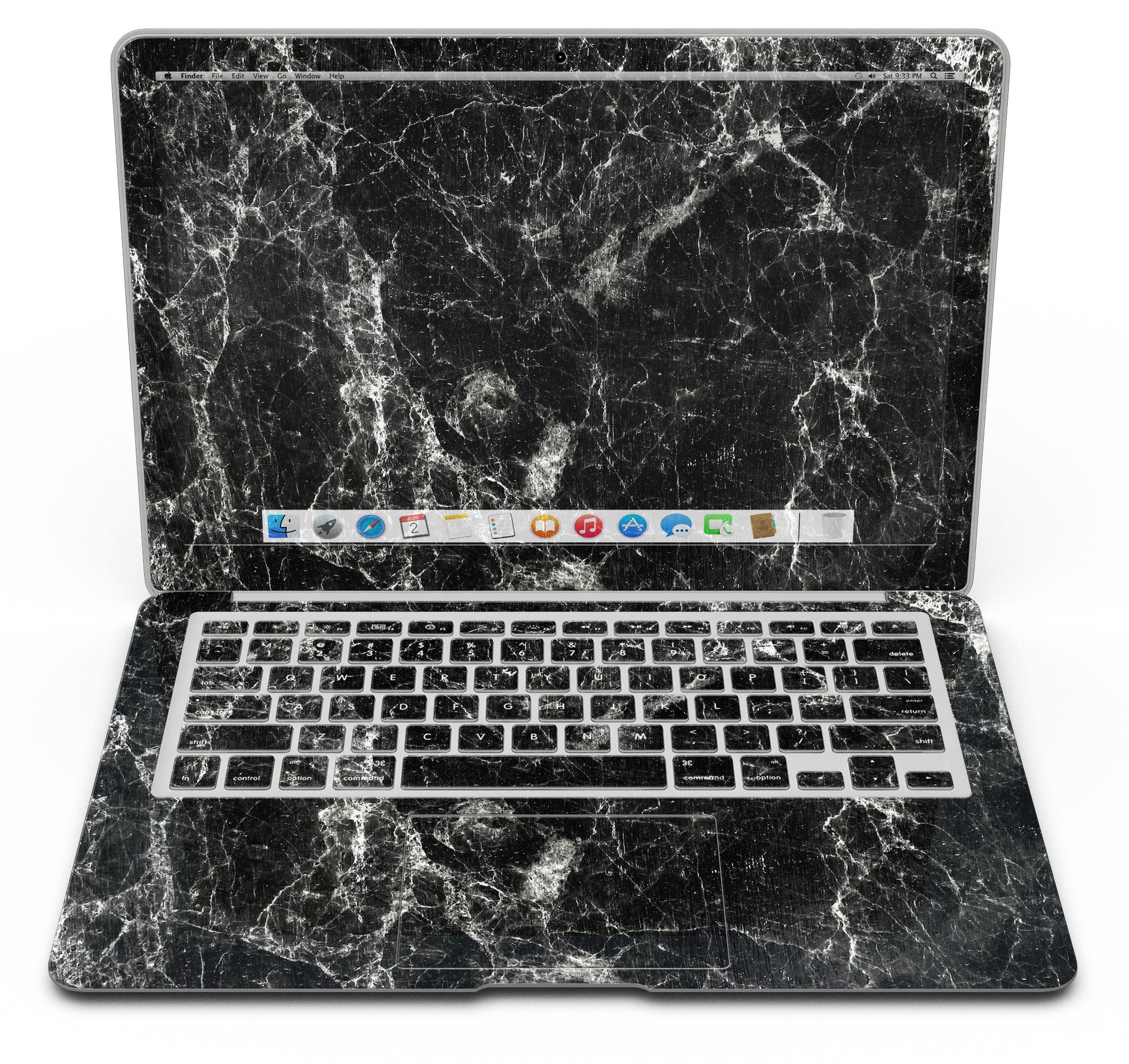 Black Scratched Marble skin applied to a MacBook Air, showcasing its stylish design and sleek finish.