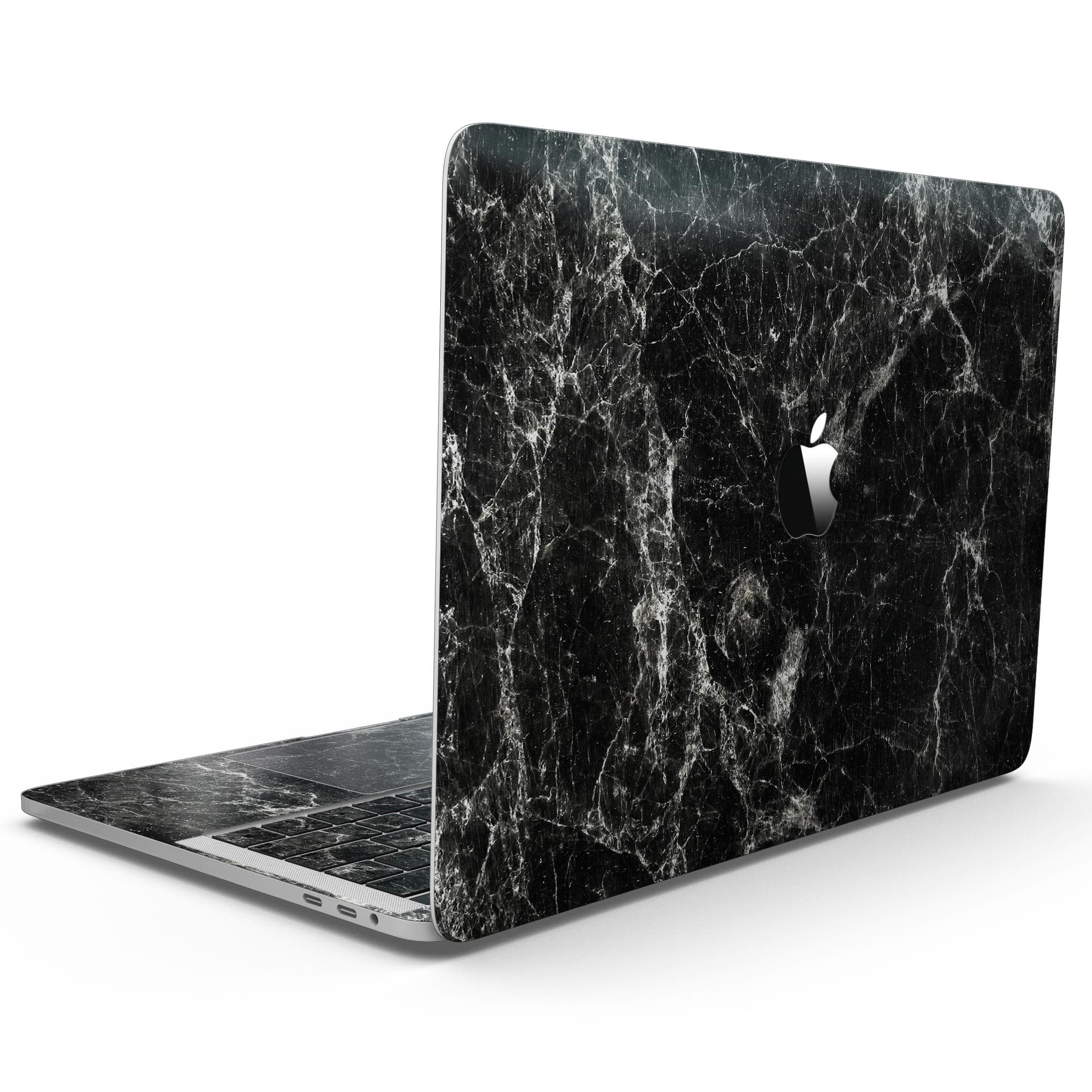 Black Scratched Marble Skin Kit for MacBook Pro with Touch Bar, showcasing a stylish design and premium vinyl material.