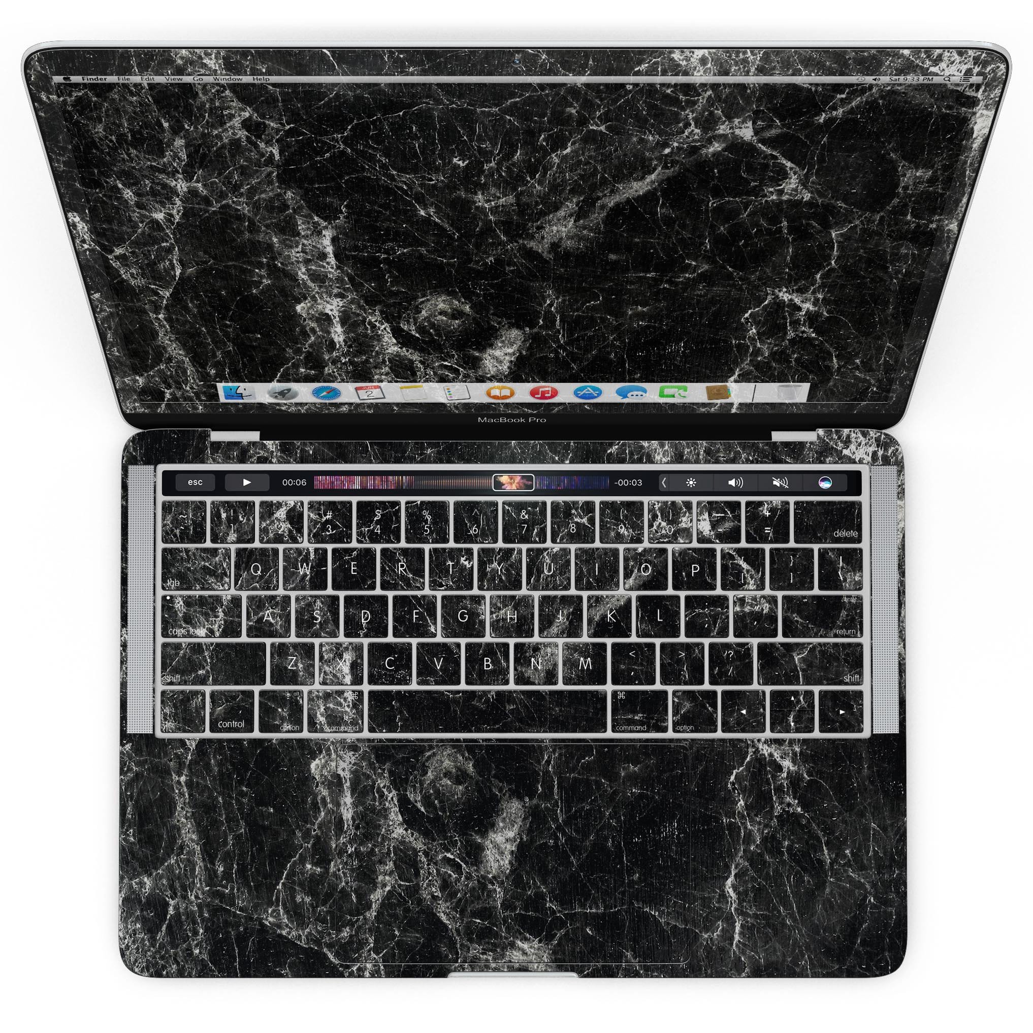 Black Scratched Marble Skin Kit for MacBook Pro with Touch Bar, showcasing a stylish design and premium vinyl material.