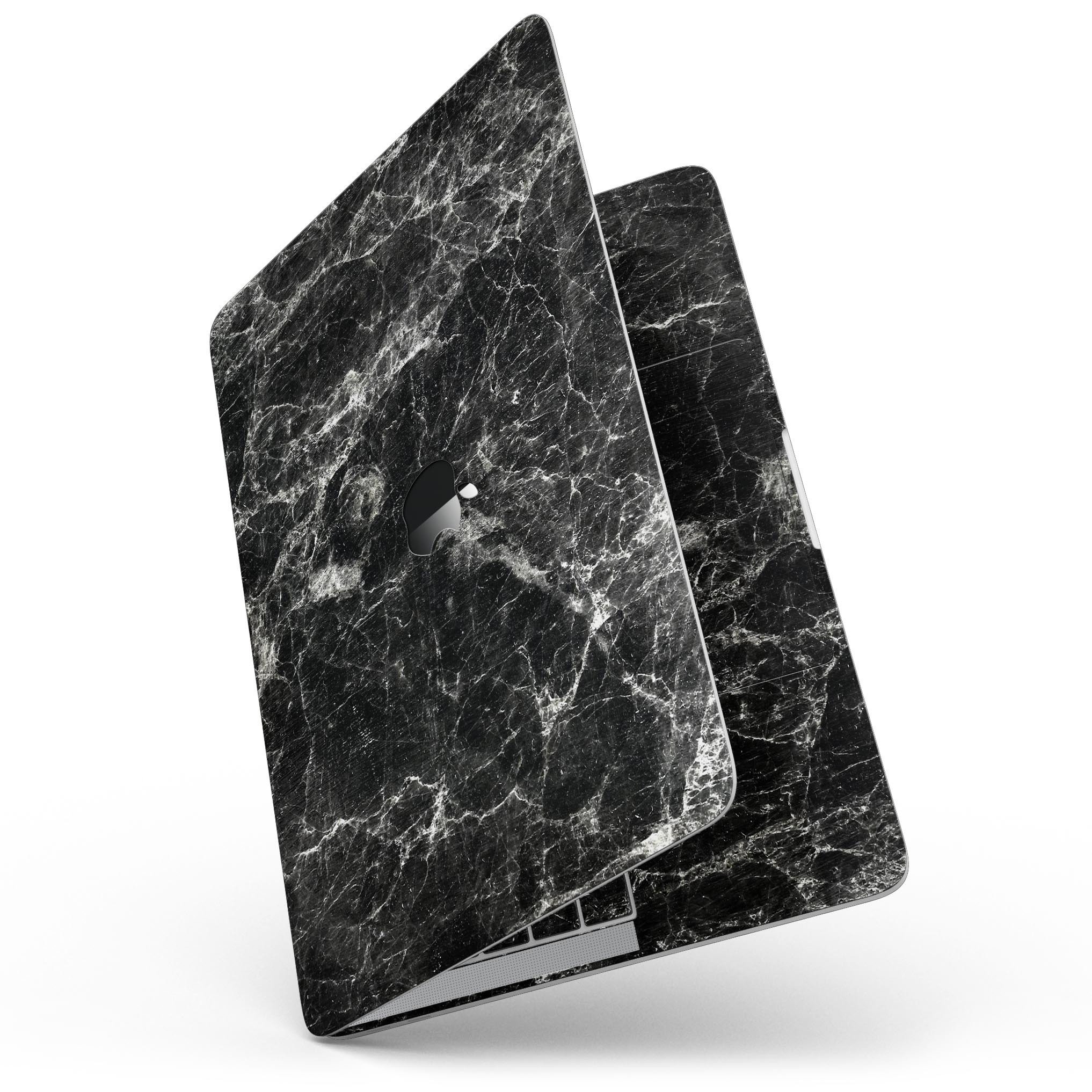 Black Scratched Marble Skin Kit for MacBook Pro with Touch Bar, showcasing a stylish design and premium vinyl material.