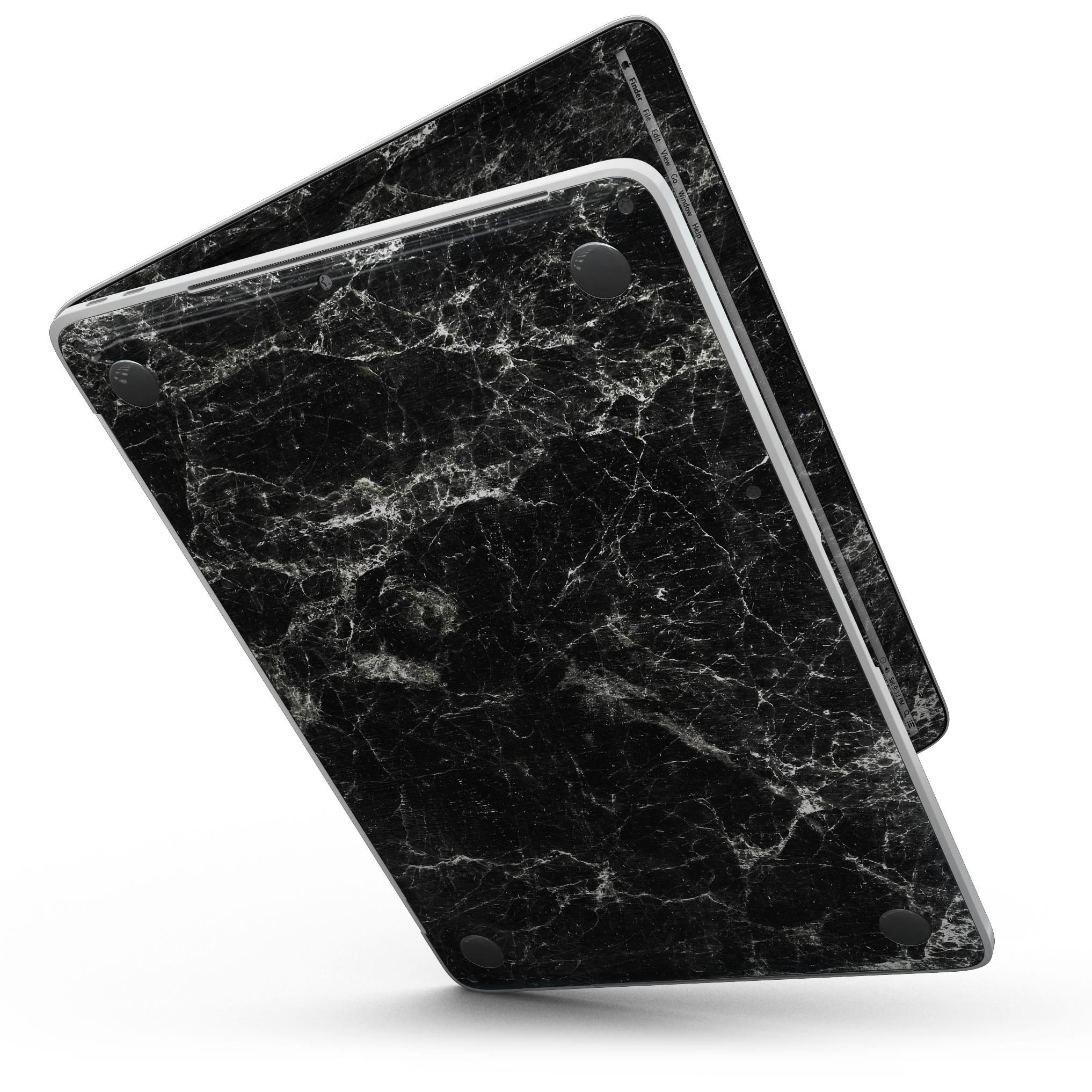 Black Scratched Marble Skin Kit for MacBook Pro with Touch Bar, showcasing a stylish design and premium vinyl material.