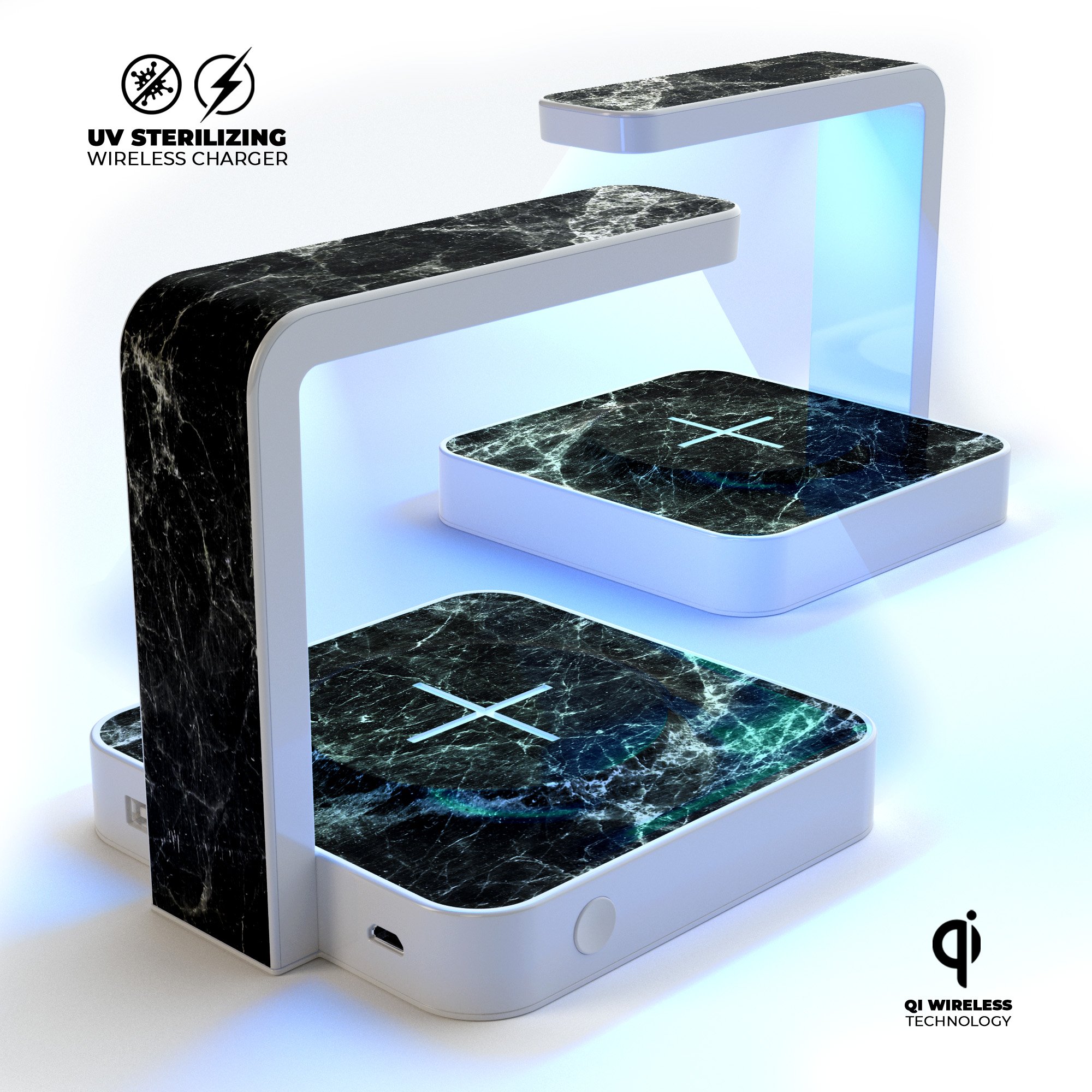 Black Scratched Marble UV Germicidal Sanitizing Wireless Charger with phone on top, showcasing its sleek design and functionality.