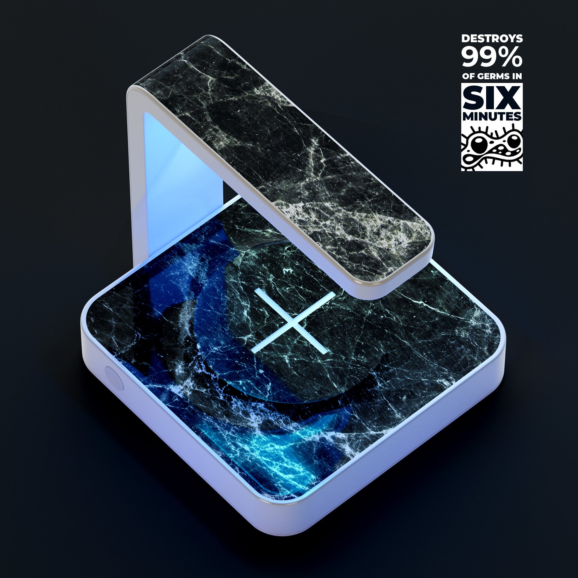 Black Scratched Marble UV Germicidal Sanitizing Wireless Charger with phone on top, showcasing its sleek design and functionality.