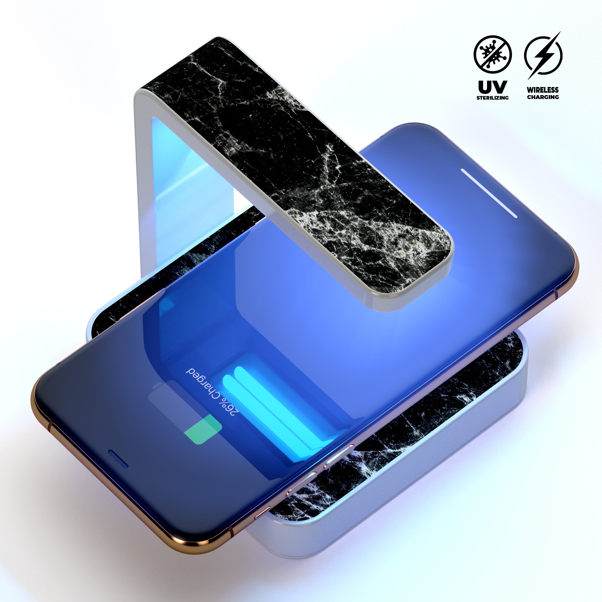 Black Scratched Marble UV Germicidal Sanitizing Wireless Charger with phone on top, showcasing its sleek design and functionality.