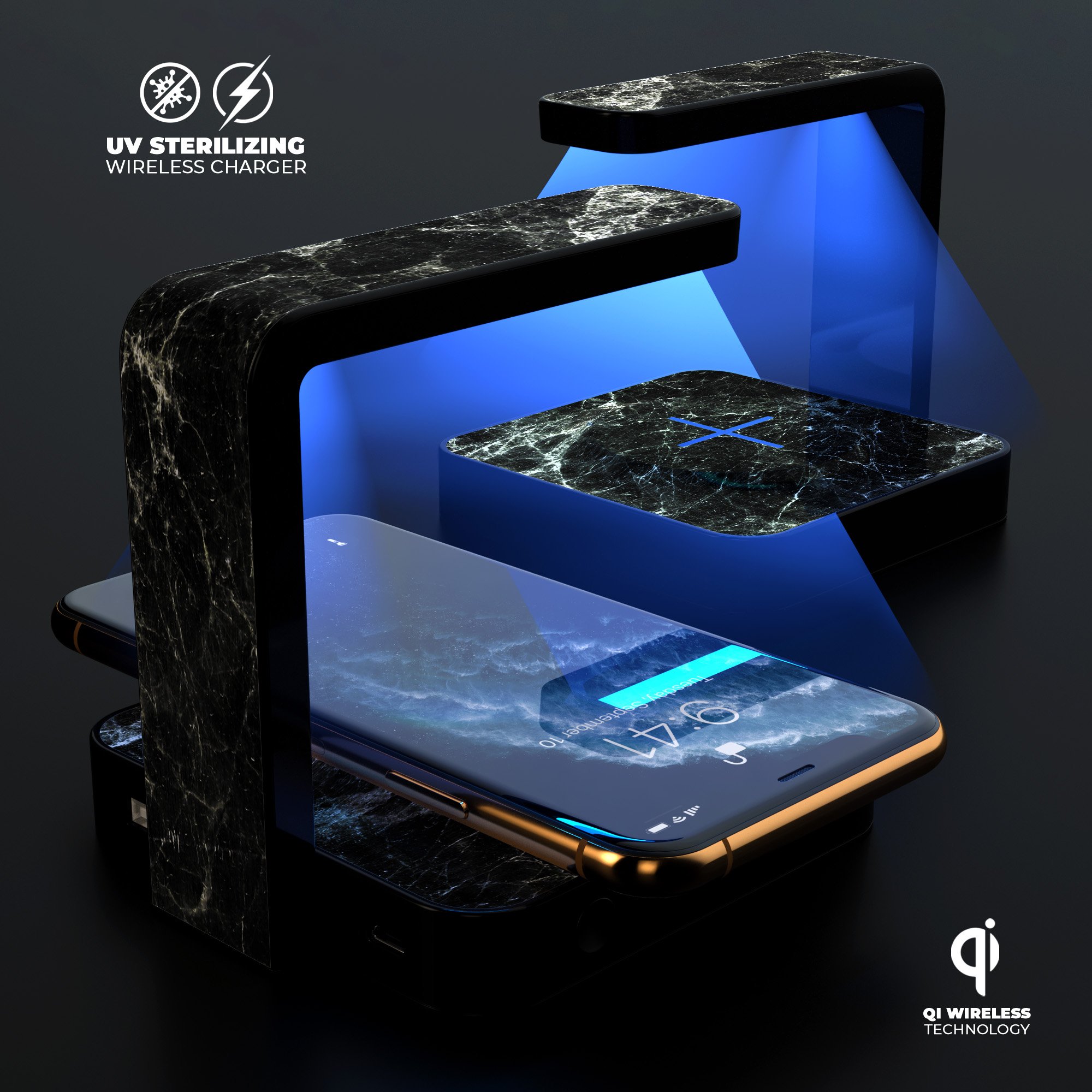 Black Scratched Marble UV Germicidal Sanitizing Wireless Charger with phone on top, showcasing its sleek design and functionality.