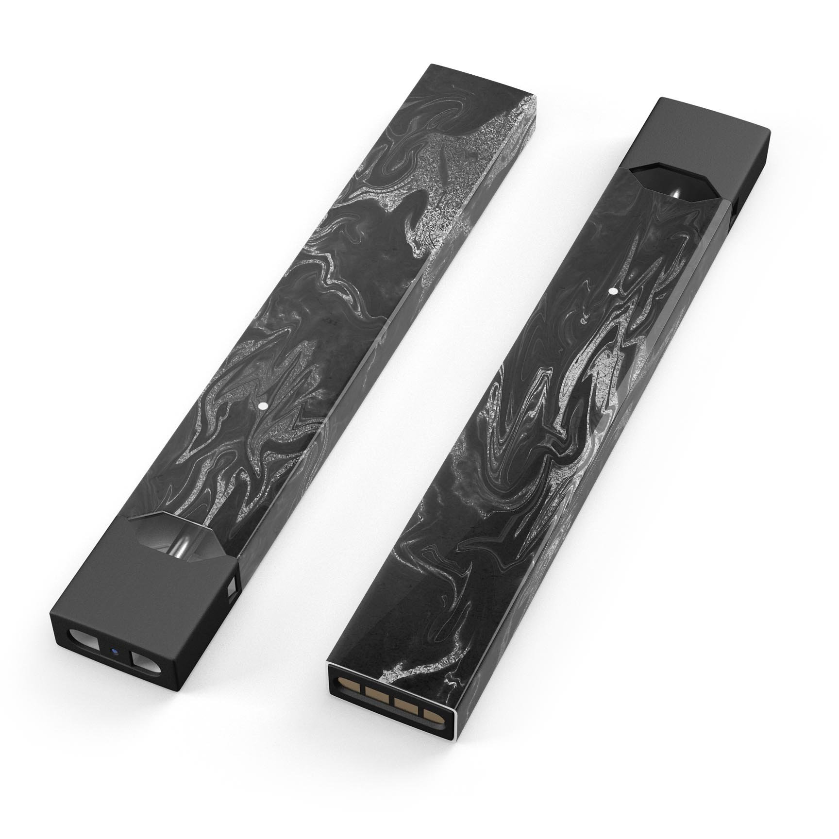 Black and silver marble swirl skin wrap for JUUL vaping device, showcasing a stylish design and protective features.