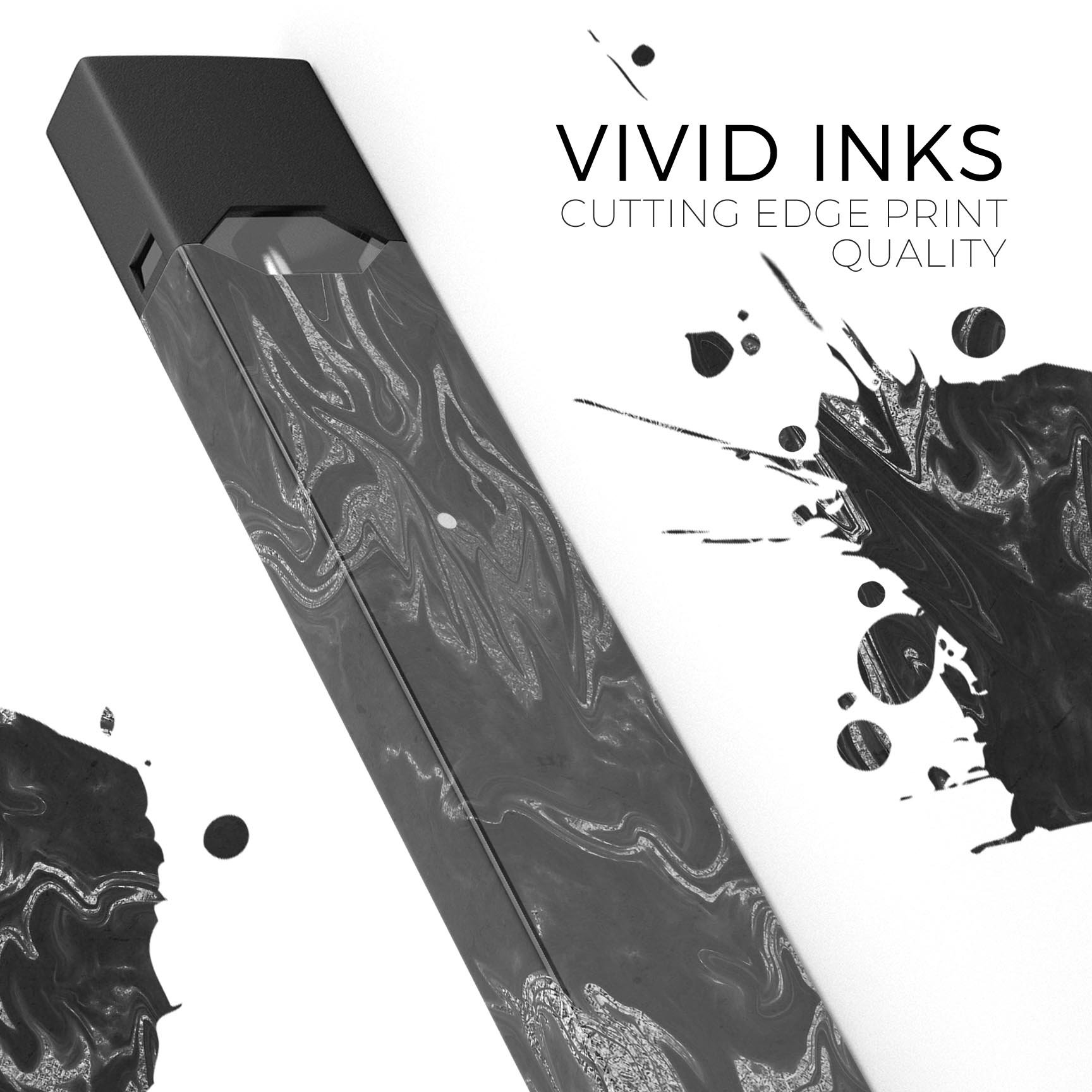 Black and silver marble swirl skin wrap for JUUL vaping device, showcasing a stylish design and protective features.