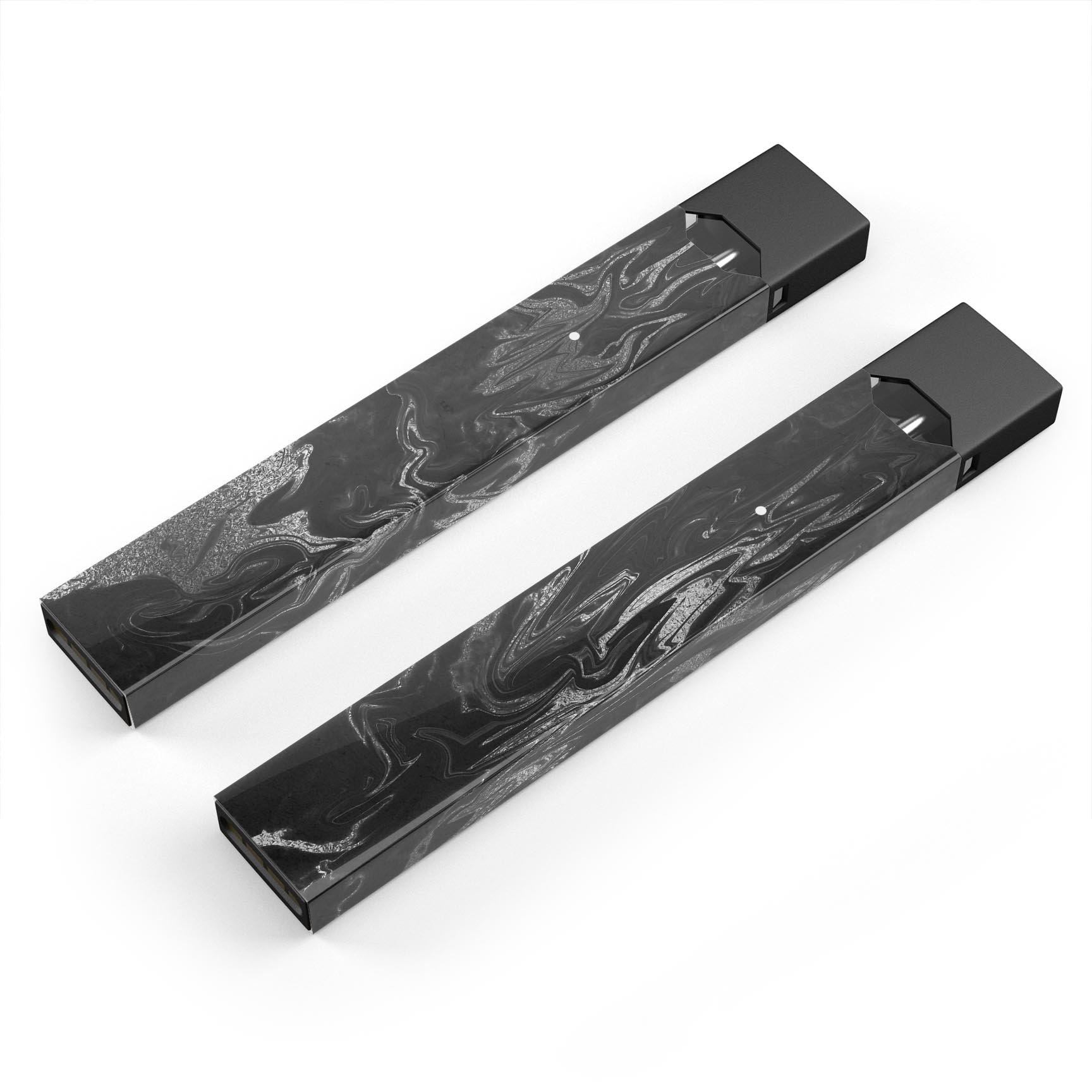 Black and silver marble swirl skin wrap for JUUL vaping device, showcasing a stylish design and protective features.