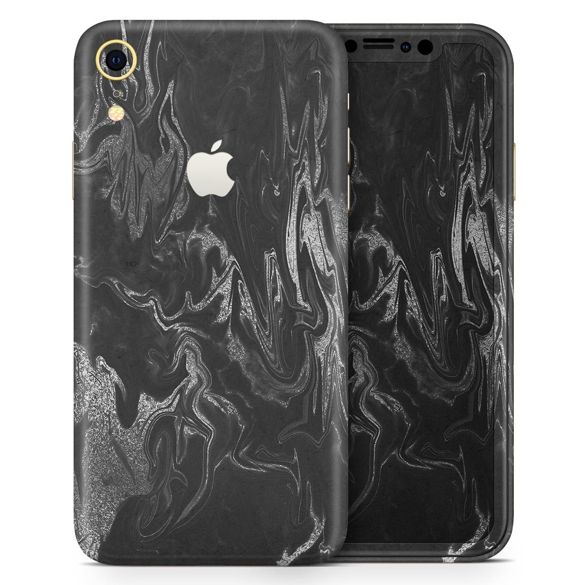 Black and silver marble swirl skin for Apple iPhone XR and XS, showcasing a stylish design with a glossy finish.