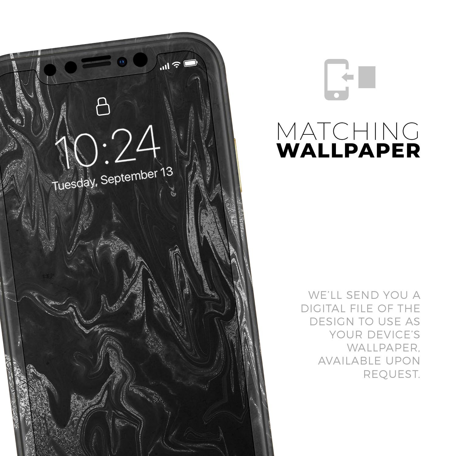 Black and silver marble swirl skin for Apple iPhone XR and XS, showcasing a stylish design with a glossy finish.